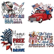 4 Packs Independence Day Iron on Patches for Clothes, USA Patriotic Theme Heat Transfer Vinyl Decals American Girls Jesus Cross Car Pattern DTF Ready to Press Patches for Hoodies Hat Decoration