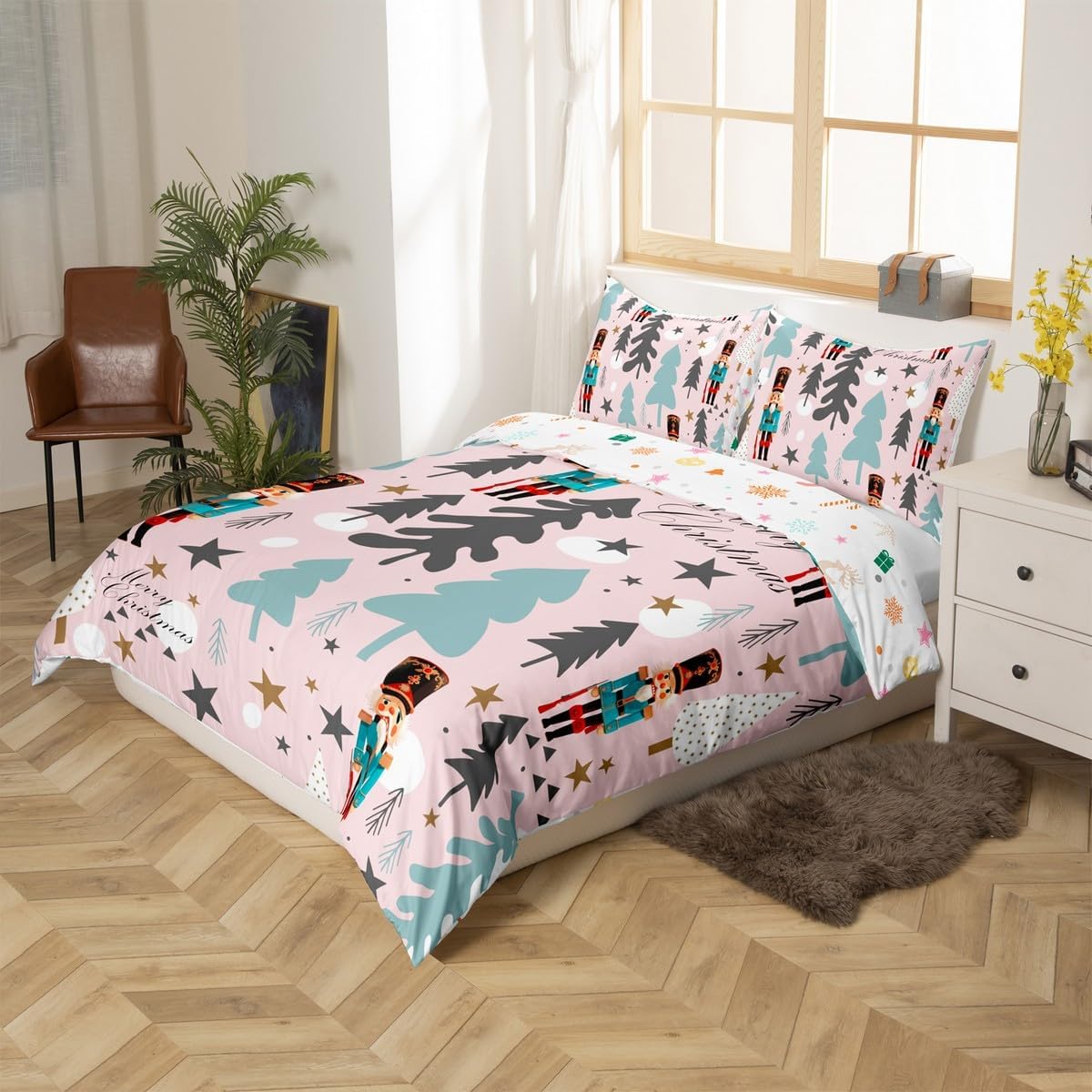 Nutcracker Duvet Cover Set Toddler Size Abstract Christmas Tree Bedding Set for Kids Girls Boys Teens Merry Christmas Comforter Cover Cute Star Print Quilt Cover,1 Pillowcase(No Comforter)