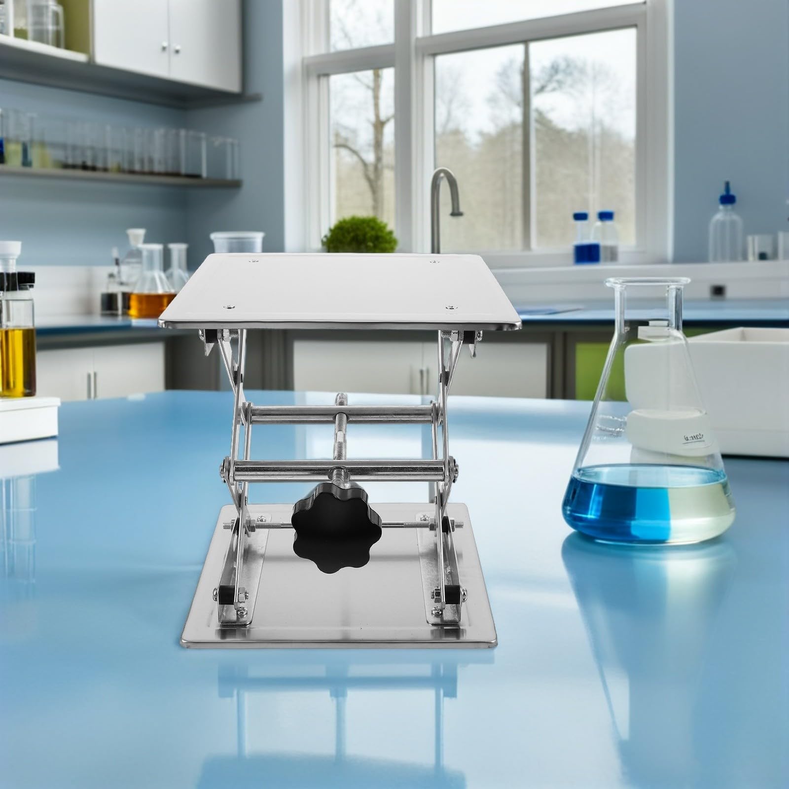 Plataforma manual de acero inoxidable para gato de laboratorio de 200 x 200 mm, mesa de elevación manual ajustable para investigación científica y soporte de instrumentos