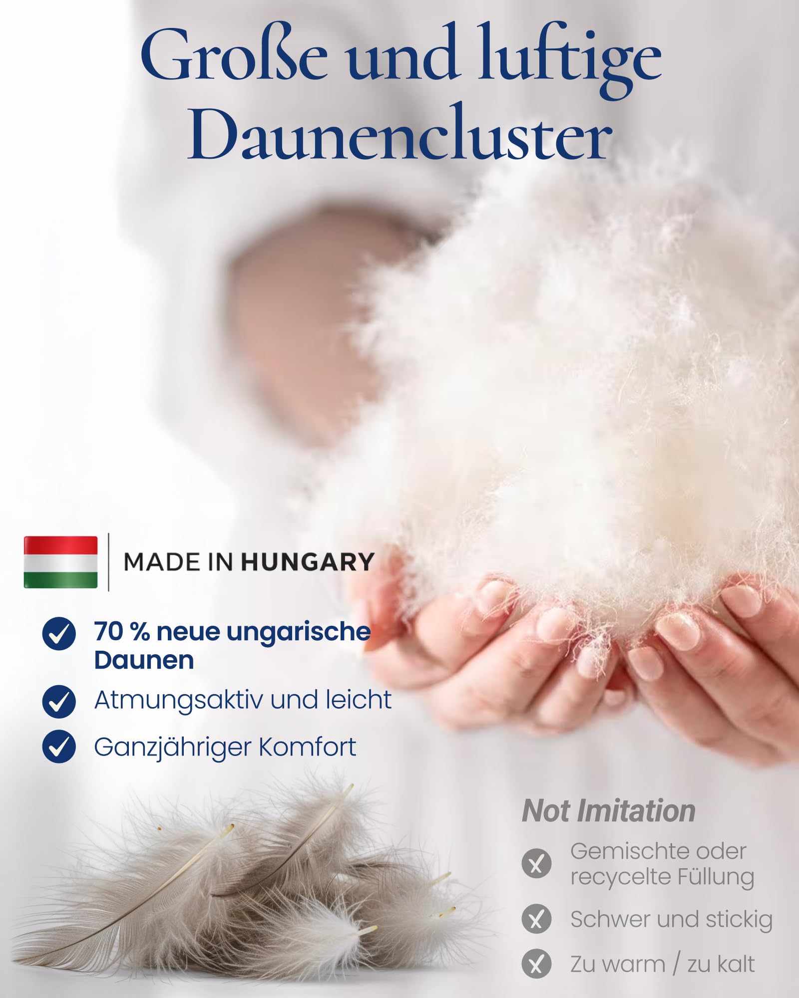 Aura® 3-Kammer Kopfkissen 80x80 – Daunenkissen mit 90% ungarischen Daunen Klasse I, mittelfest, OEKO-TEX®, 100% Baumwolle, für Allergiker geeignet