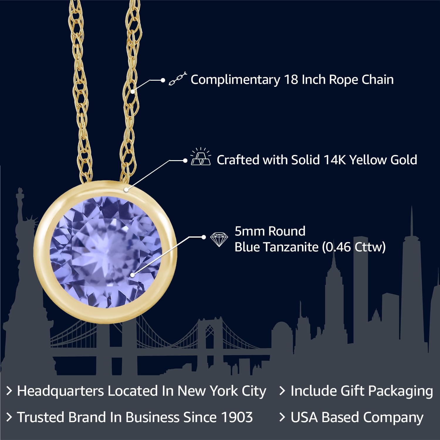 Gem Stone King 14K White Gold Blue Tanzanite Pendant Necklace For Women (0.46 Cttw, Gemstone December Birthstone, Round 5MM, with 18 Inch Chain) - Image 2