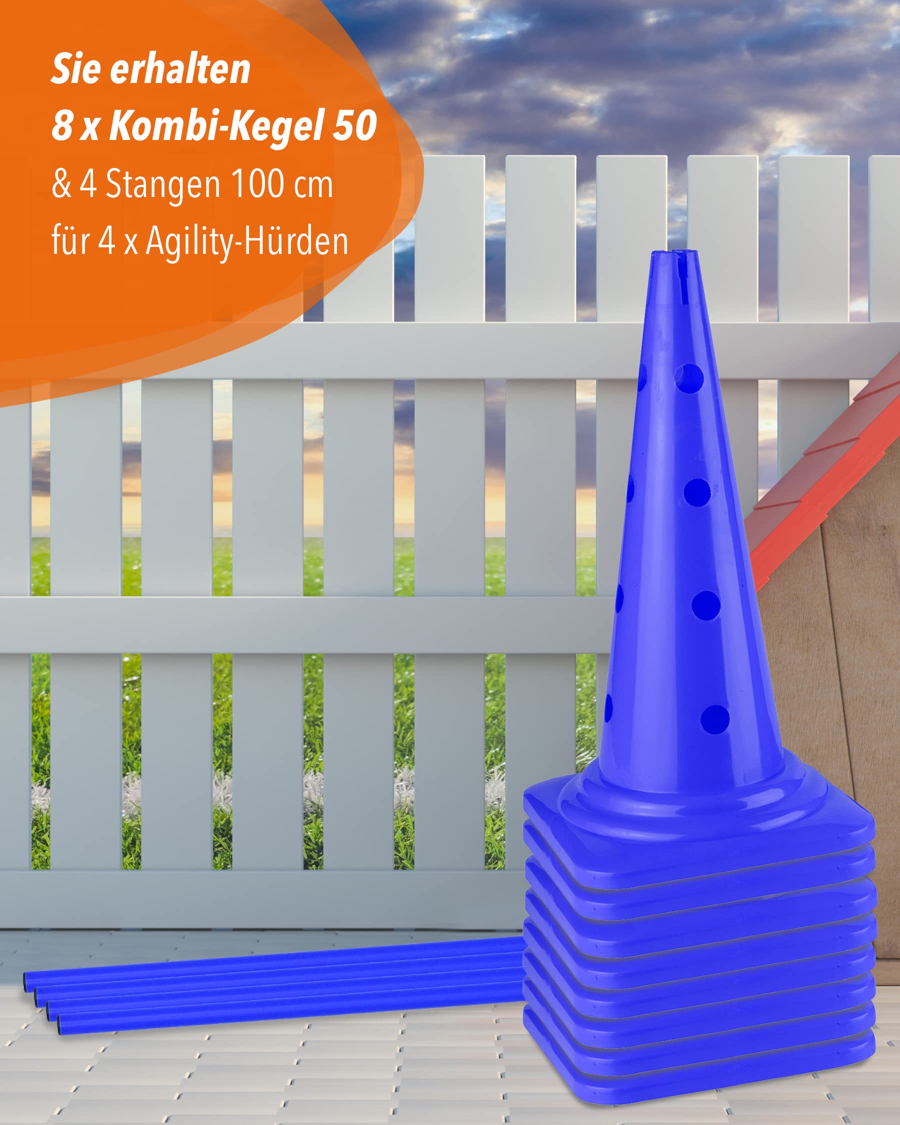 Kombi Kegel-Hürde 50 mit Stangen 100 cm – 4er Set – Parcours-Hindernis für Agility Training – Sprung- & Slalom-Hütchen für Hund, Sport, Pferd & Kind