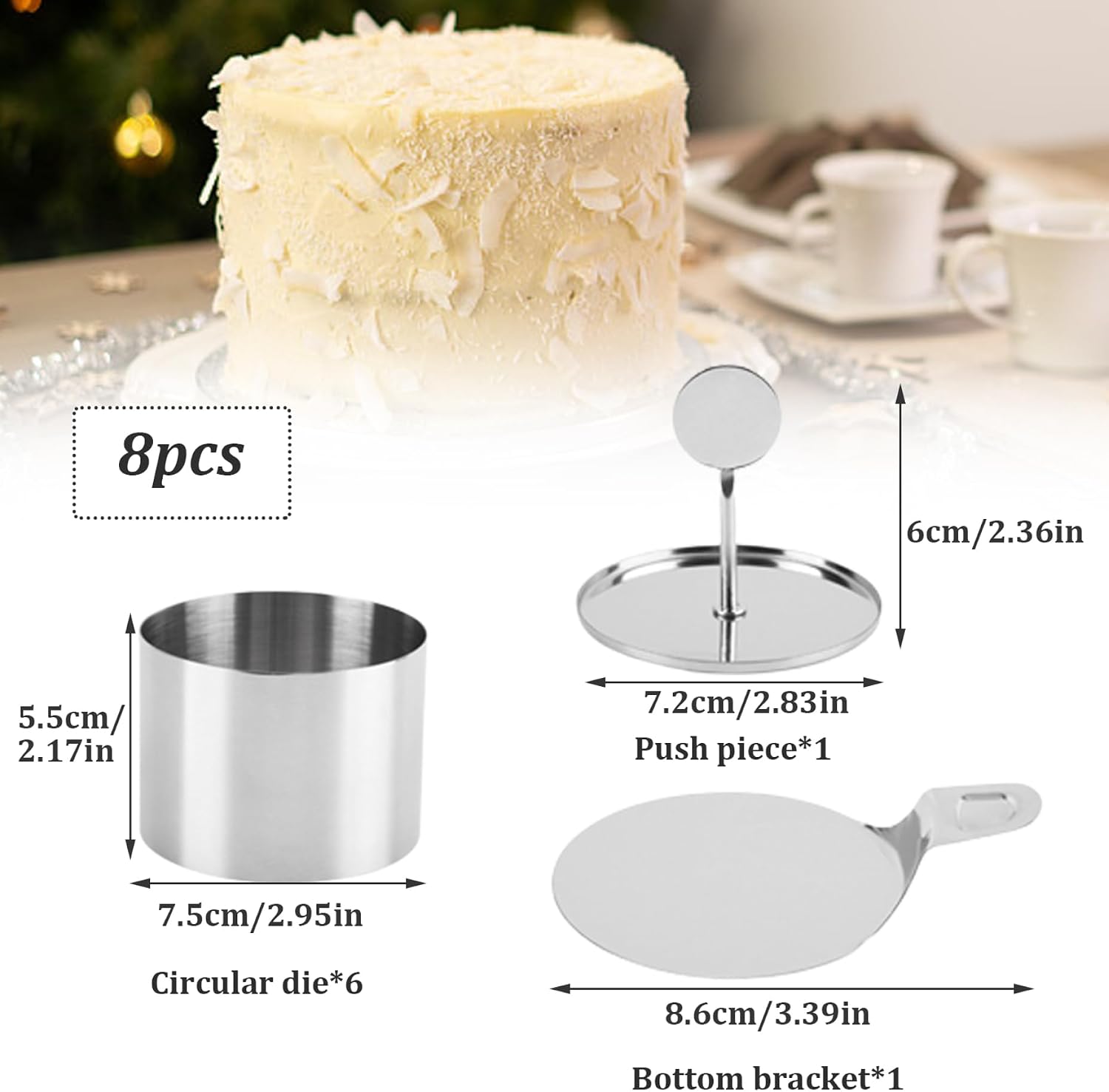 Cake Ring and Dessert Rings Set 6 Pcs Mousse Rings with Pusher and Plate 3 Inch Small Stainless Steel Cheesecake Mould Baking Tools for DIY Desserts Crumpet