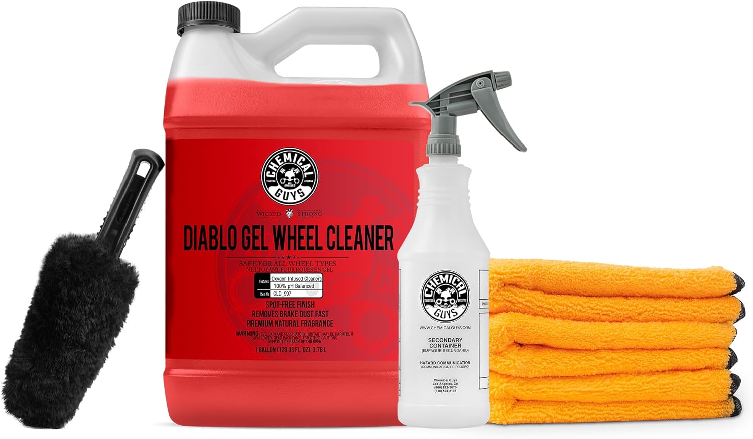 Chemical Guys CLD_997HD Diablo Gel Foam Wheel & Rim Cleaner, Concentrated (128 fl oz) + Gerbil Wheel and Rim Brush & ACC_130 Spray Bottle, With Premium Microfiber Towels, Gold (16"x16") 3 Pack