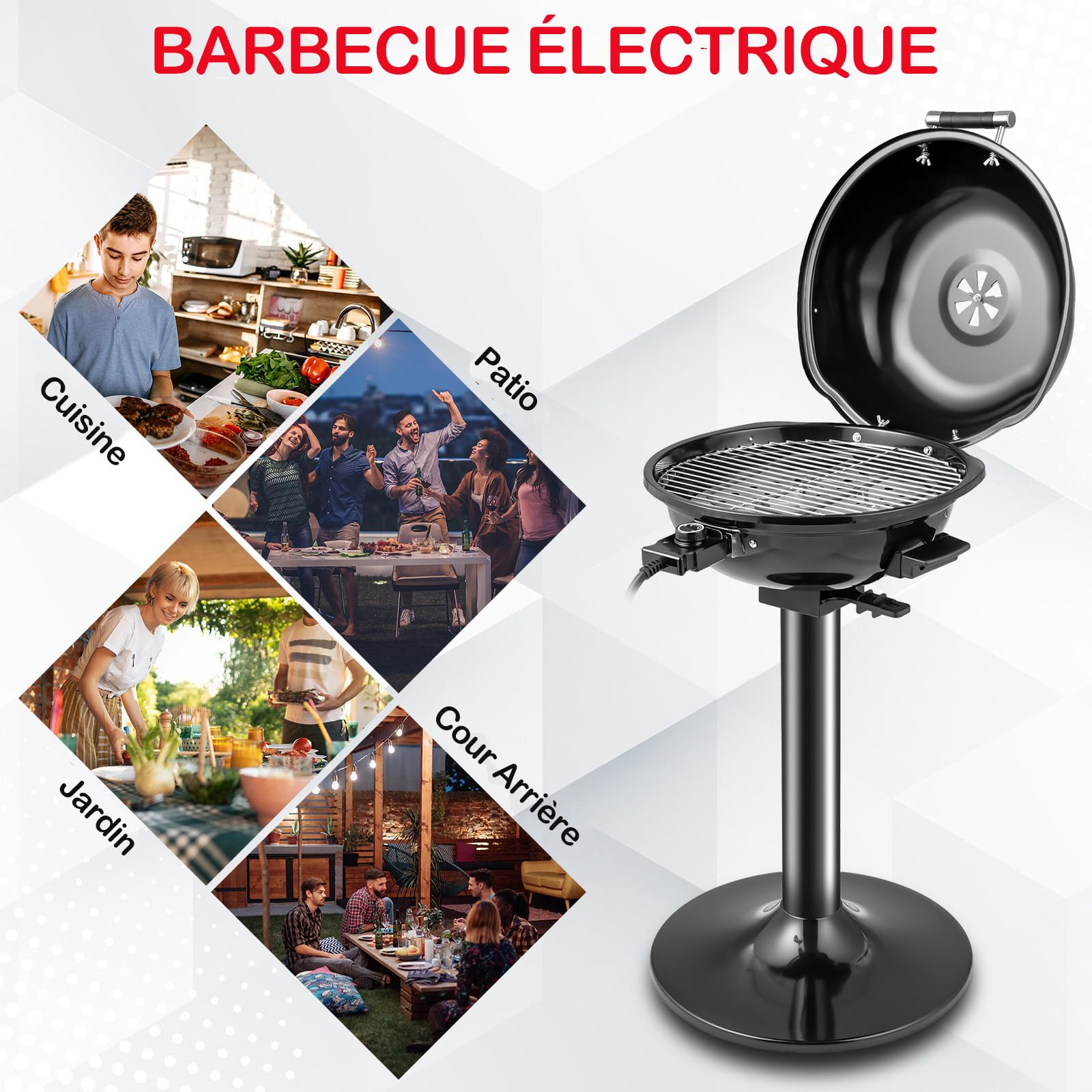 GYMAX Gril Barbecue Électrique sur Pied, Température 93-218°C, Puissance 1600W, Usage Intérieur et Extérieur, Portable avec Support pour Terrasse Balcon Cuisine Jardin