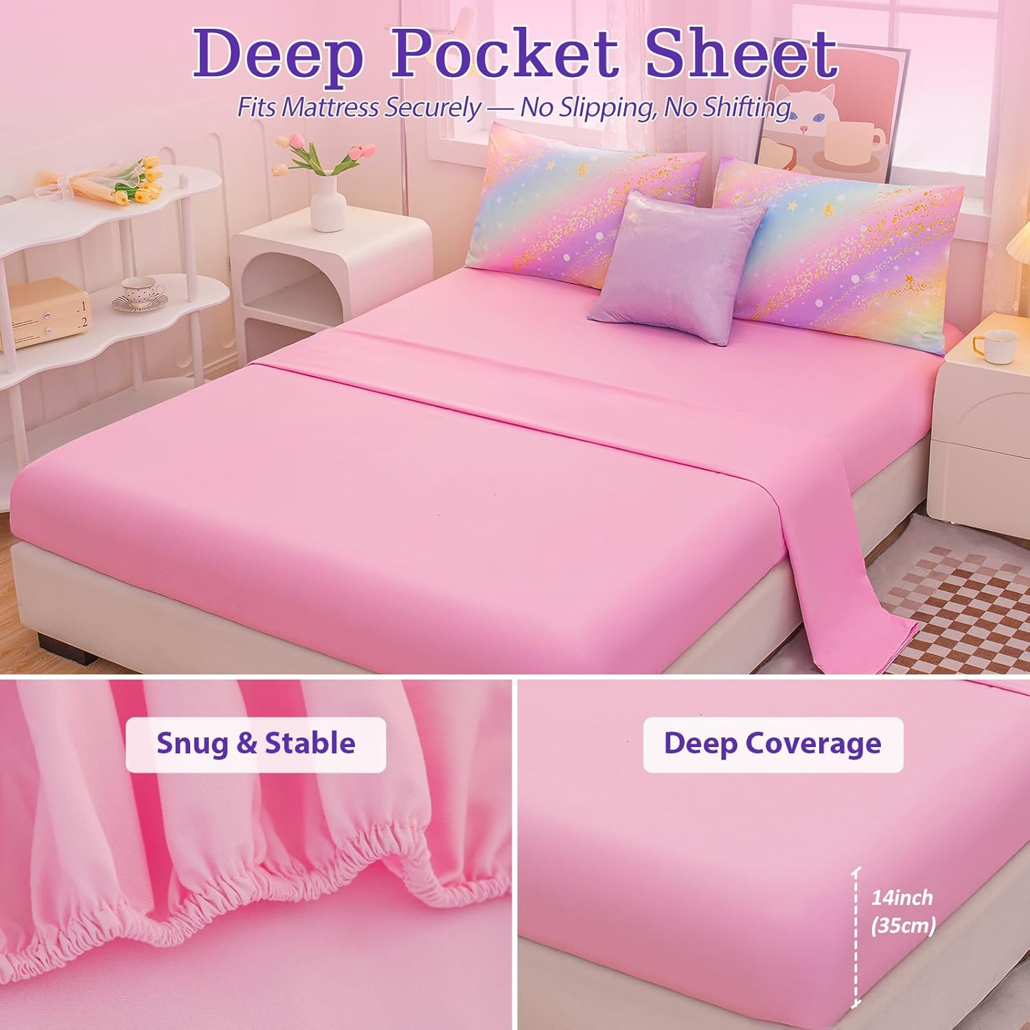 Rainbow Bedding Set Full Size – 6-Piece Reversible Girls Comforter with Deep-Pocket Sheet, Gradient Galaxy Design, Whole-Piece Filling, Machine Washable Bed-in-a-Bag for Kids Room Makeover & Gifts - Image 3