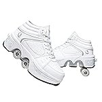 Double-Row Deform Wheel Automatic Walking Shoes Invisible Deformation Roller Skate 2 in 1 Removable Pulley Skates Skating Parkour (White high, US9)