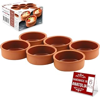 Hakan Hitit Handmade Clay Bowl Set of 6 - 4.5" Terracotta Oven-Safe Bowls, 8.5oz Glazed Inside for Yogurt, Mexican Dishes & Desserts