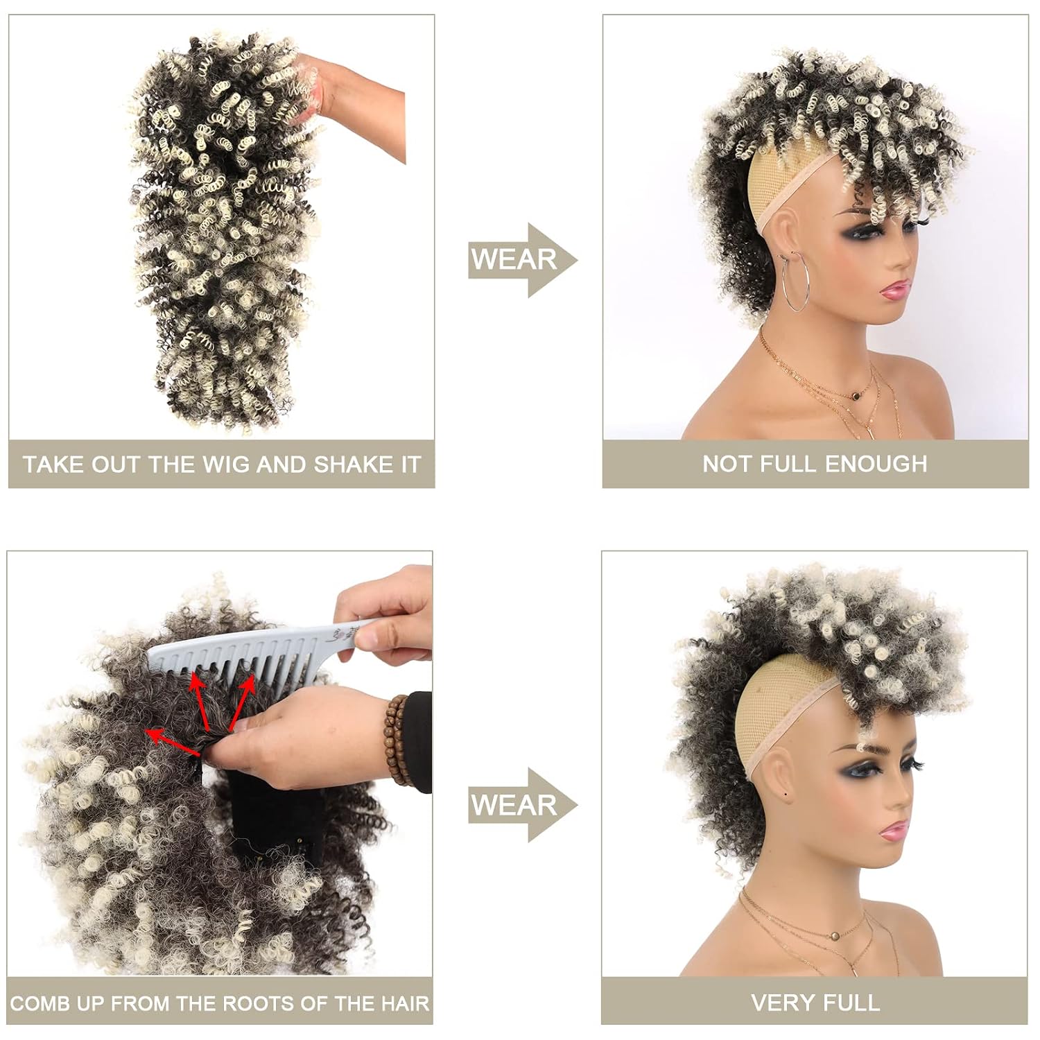 G&T Wig Afro High Puff Ponytail with Bangs, Blonde Mohawk Wig for Women, Short Curly Synthetic Ponytails,Costume Cosplay Halloween Party Wig, Wrap Updo Clip in Hair Extensions with Six Clips and Two Combs(4/613)