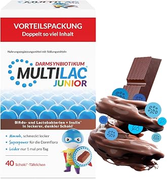 MULTILAC DARMSYNBIOTIKUM Junior with 40 Chocolate Plates. Contains selected bifido and lactobacteria with inulin and 1 billion bacteria. Sugar-free gluten-free lactose-free. Only once daily.