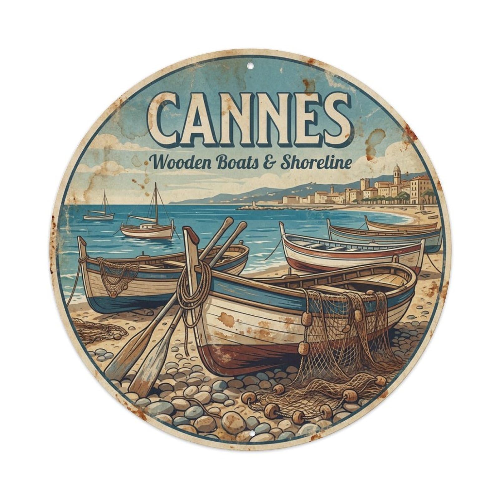 Culture Travel Wooden Boats Shoreline France Cannes Metal Tin Sign