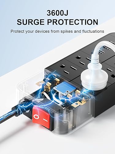 Miniatura 5 de Regleta protectora de sobretensiones, cable de extensión de 6 pies con múltiples salidas y 4 puertos USB (1 USB C PD20W), salida de extensión de