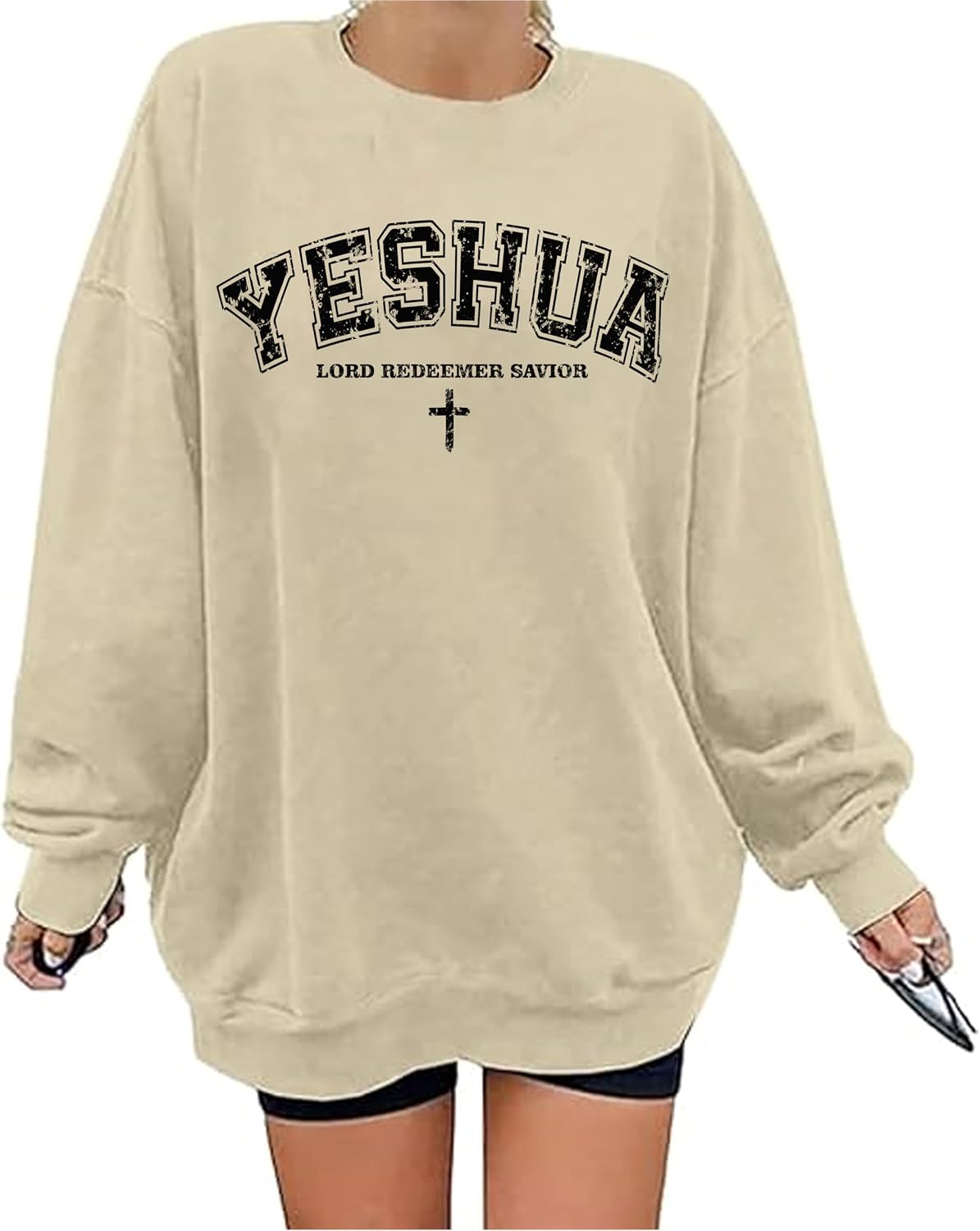 Christian Oversized Sweatshirts for Women | Yeshua, Lord, Redeemer, Savior Graphic Pullover | Casual Loose Fit Top