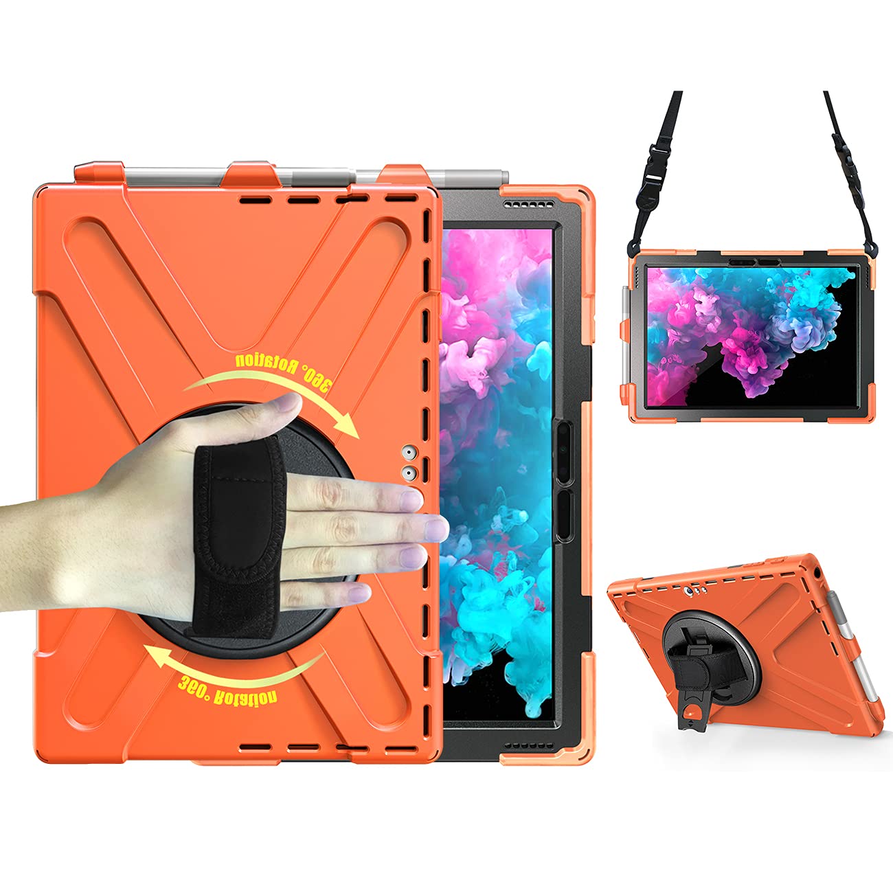 Microsoft Surface Pro 7 / Pro 6 / Pro 5 / Pro 4 / Pro LTE Case, Shockproof Rugged Durable Carrying Case Cover with Pen Holder, Hand Strap, Rotating Multi Viewing Angle Stand, Shoulder Strap, Orange