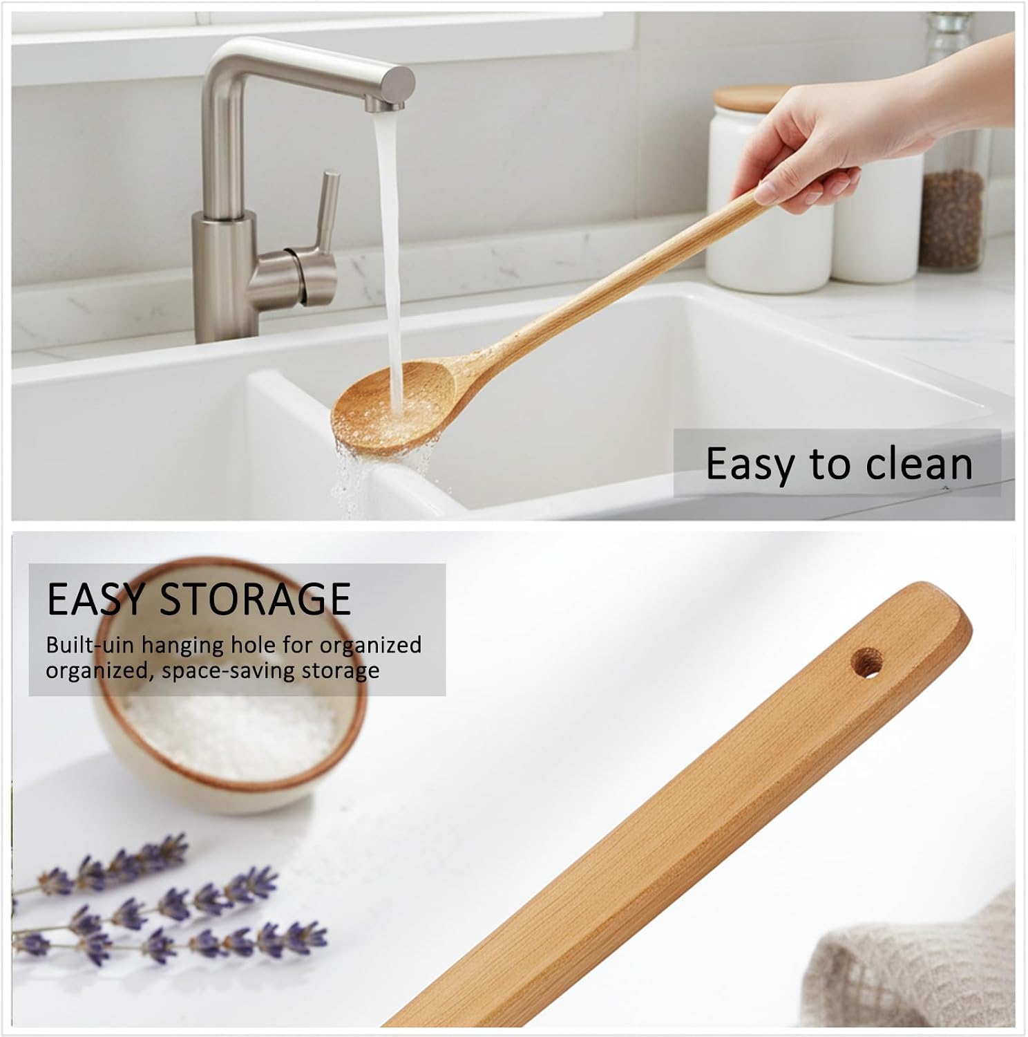 Long Wood Cooking spoon, 2 Pcs 13 Inches Long Handle Spoons, Mixing spoons Tasting Spoons for Mixing, Tasting Stirring food, Large Wooden Cooking Utensils for Cooking and Crafts