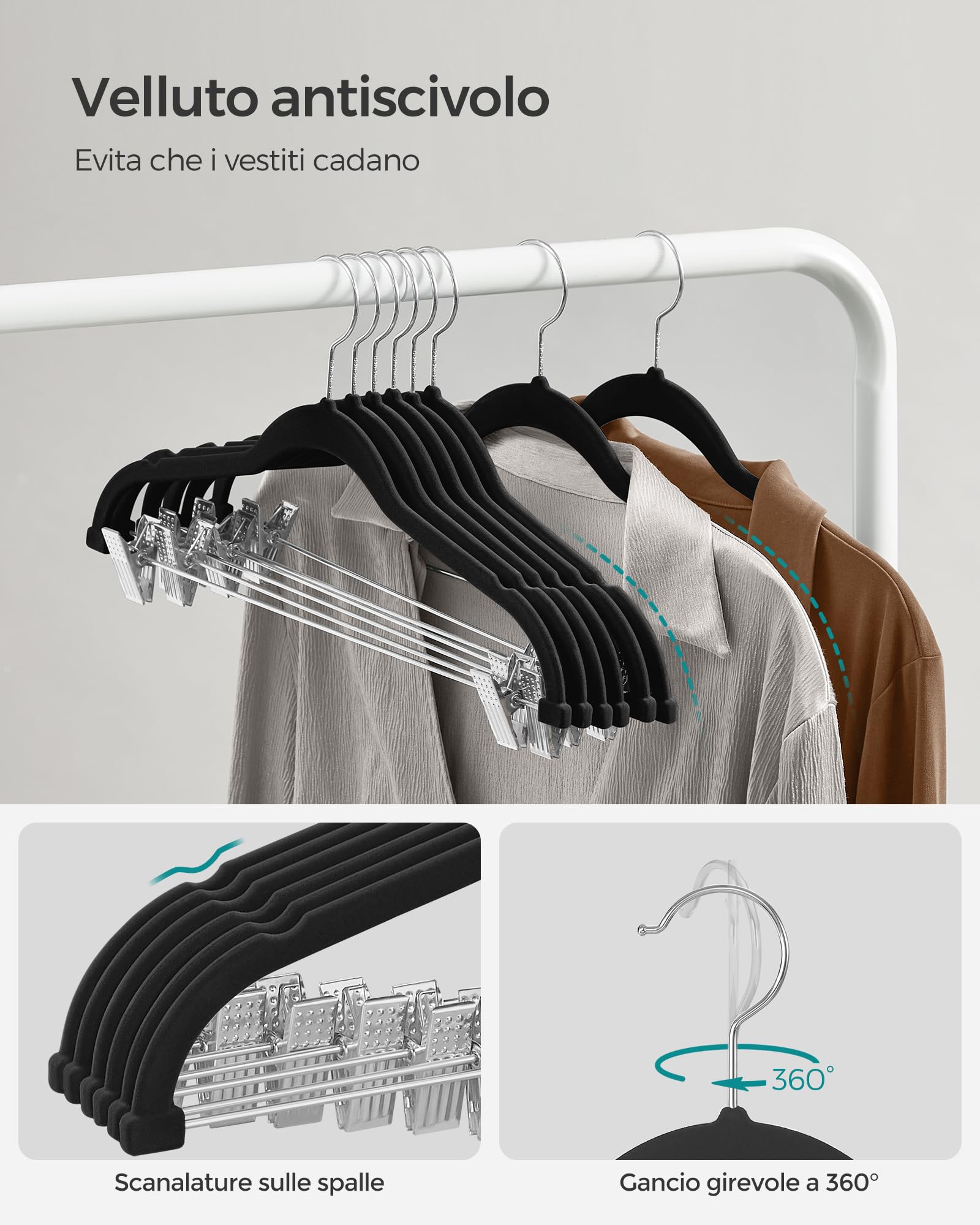 Appendiabiti In Velluto Nero Con Clip Regolabili - 43 Cm - Salvaspazio Per Pantaloni E Abiti