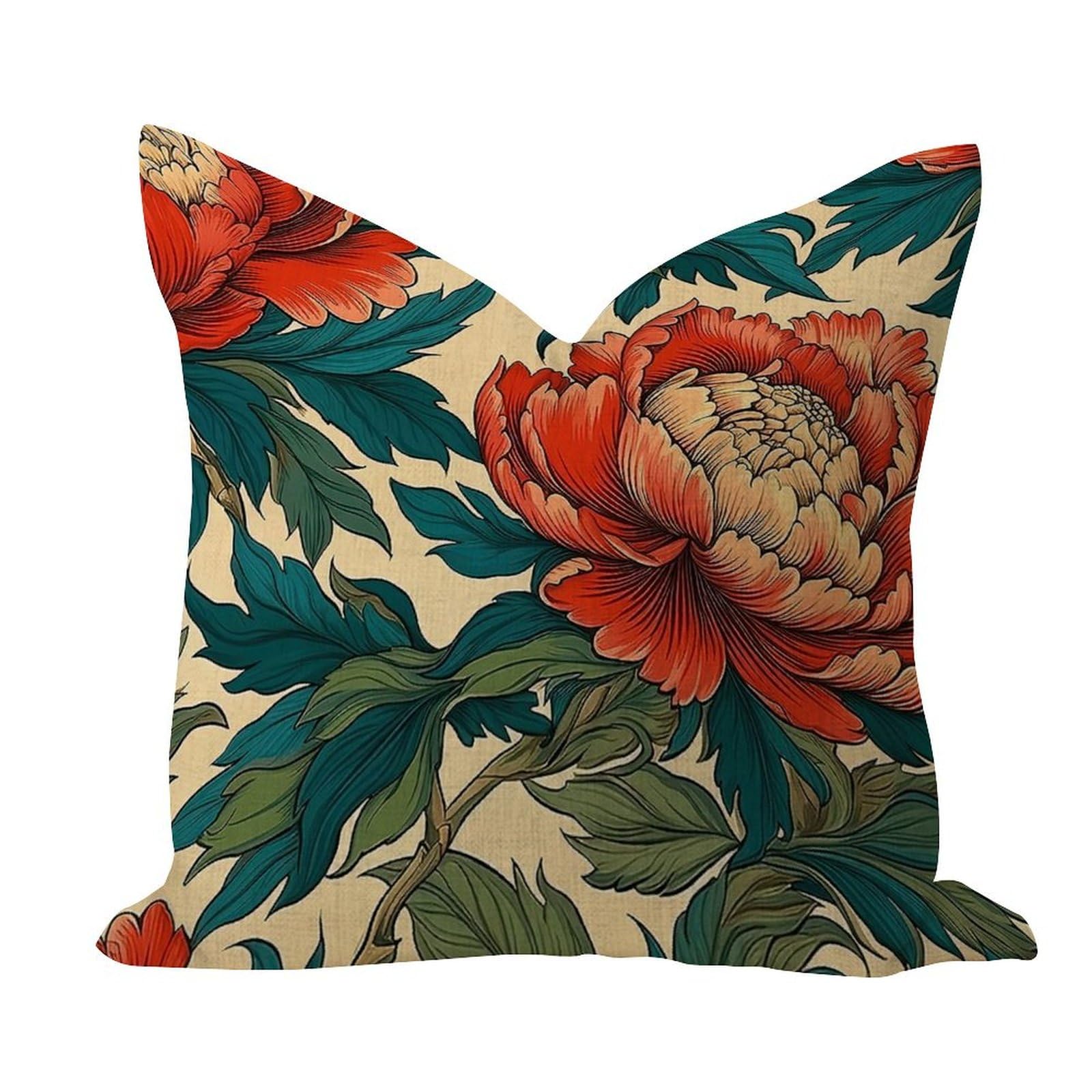 Wsdesdec Style-3 Chinoiserie Red Peony Floral Outdoor Pillow Covers 16X16in Burlap Linen Elegant Pillows Cushion Covers Blue/Green Colorway Garden Square Cushion Case For Office Outside Sofa Chair Holiday Decor