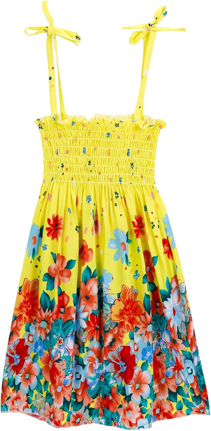 KAKU NANU Girls Summer Dresses Tween Kids Sleeveless Sundress Boho Smocked Tie Strap Outfit 3-11 Years