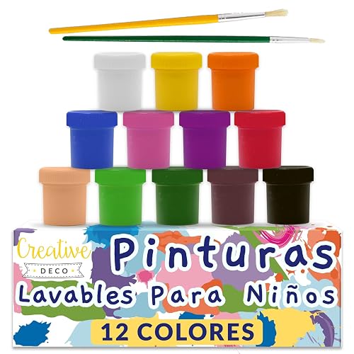 Creative DECO Temperas para Niños Lavable Pintura Dedos Bebes | 12 x 20 ml Botes | No Tóxica | Colores Básicos Intensos Principiantes y Artistas Navidad