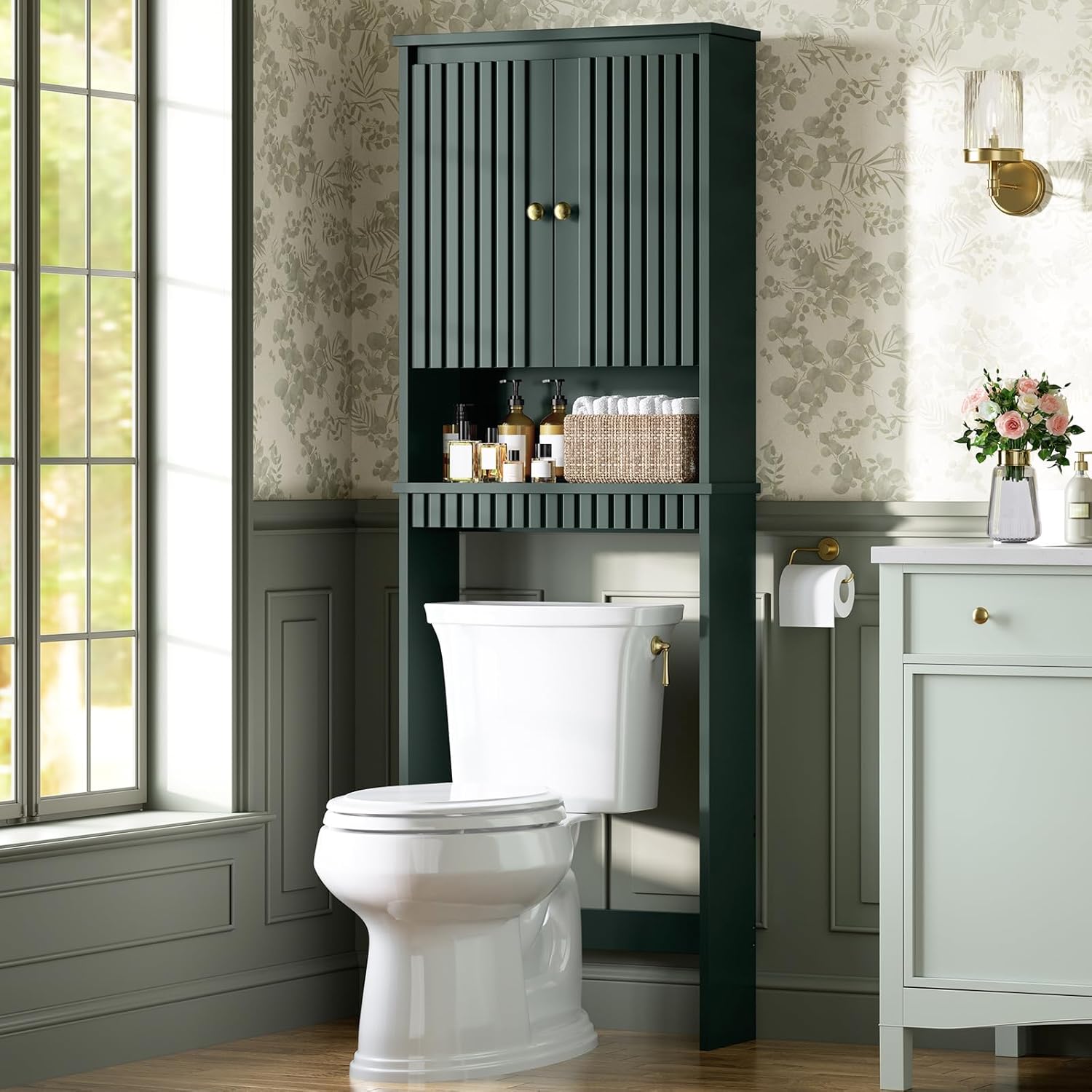 Over The Toilet Storage Cabinet, Above The Toilet Storage with Fluted Panel Doors and Soft Hinges, Over Toilet Bathroom Organizer Spacesaver Rack (Forest Green)