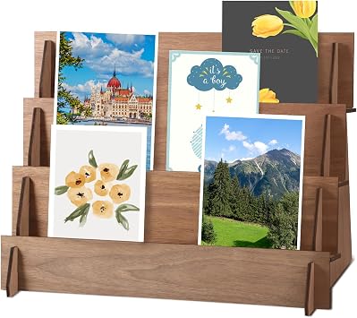 Greeting Card Display Stand, Sticker Display Stand for Vendors, Greeting Card Holder Display, Postcard Display Stand Brochure Display, 4-Tiered Wooden Display Stand Rack for Craft Show Photos Picture