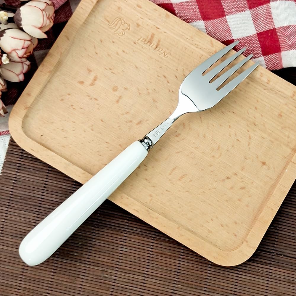8inch/20cm White Ceramic Handle 18/10 Stainless Steel Dinner Fork Freesia Pattern,Sus304 Steak Table Forks Mirror Polished Edges Are Smooth (4PCS Forks Freesia)