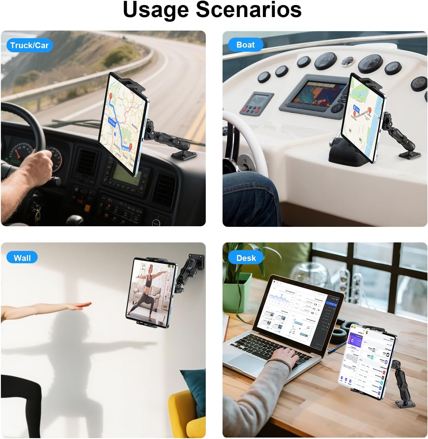PLDHPRO Soporte de pared para tableta, iPad, para camión, tableta, base de perforación con 360 grados, brazo largo ajustable de 2 niveles para Samsung, Pro, Air, Mini, Firehd, pared, cocina, baño, 5,1