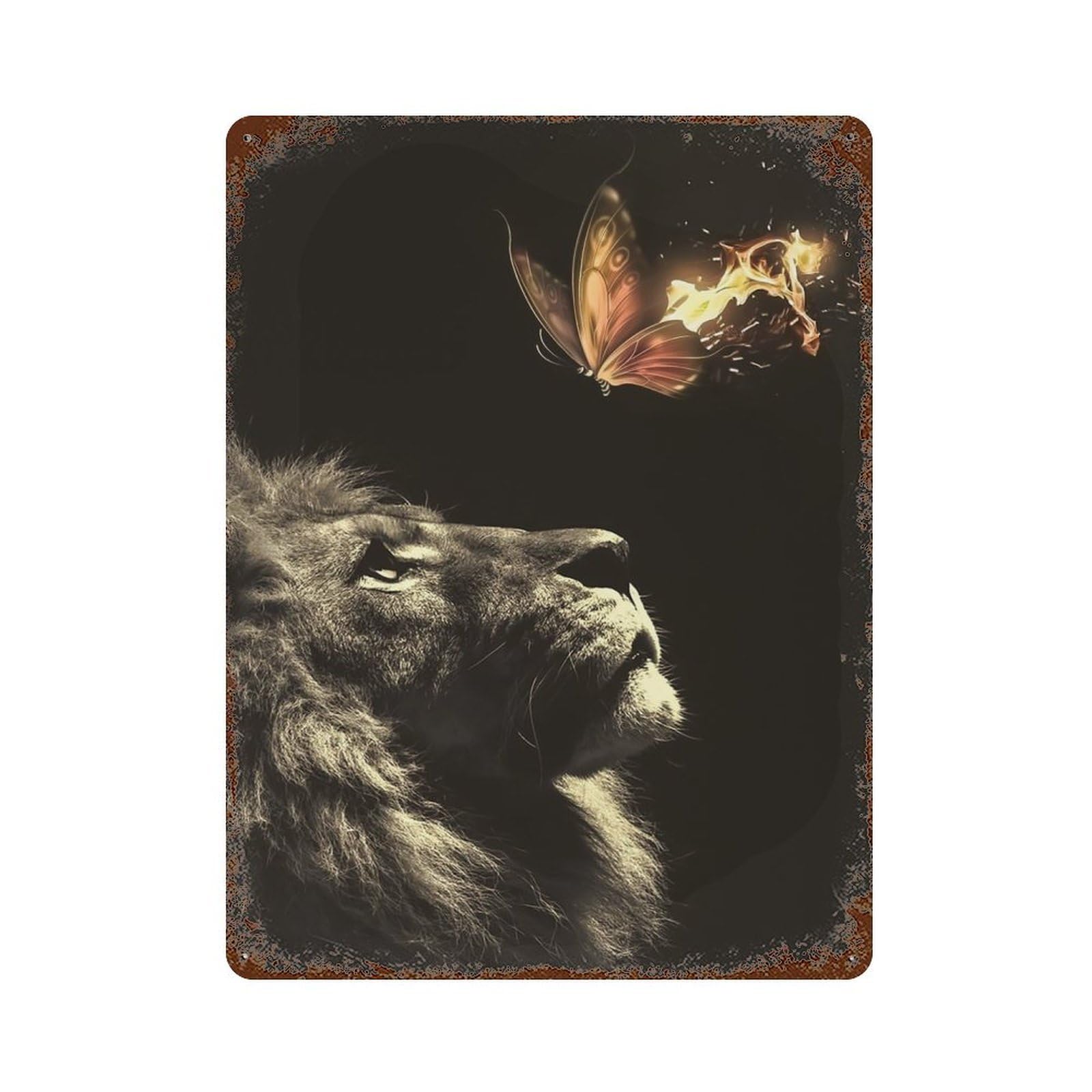 Rust Effect Lion Burning Butterfly Rusty Metal Tin Sign 15.7"x11.8", Rustic Home Decor for Living Room, Hallway And Home Decor