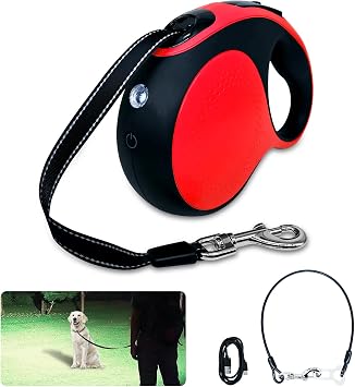 Retractable Dog Leash with LED Light Rechargeable,16Ft Heavy Duty Dog Leash for Medium Large Dogs up to 110lbs,360No Tangle,One-Handed Brake,Pause,LockRed