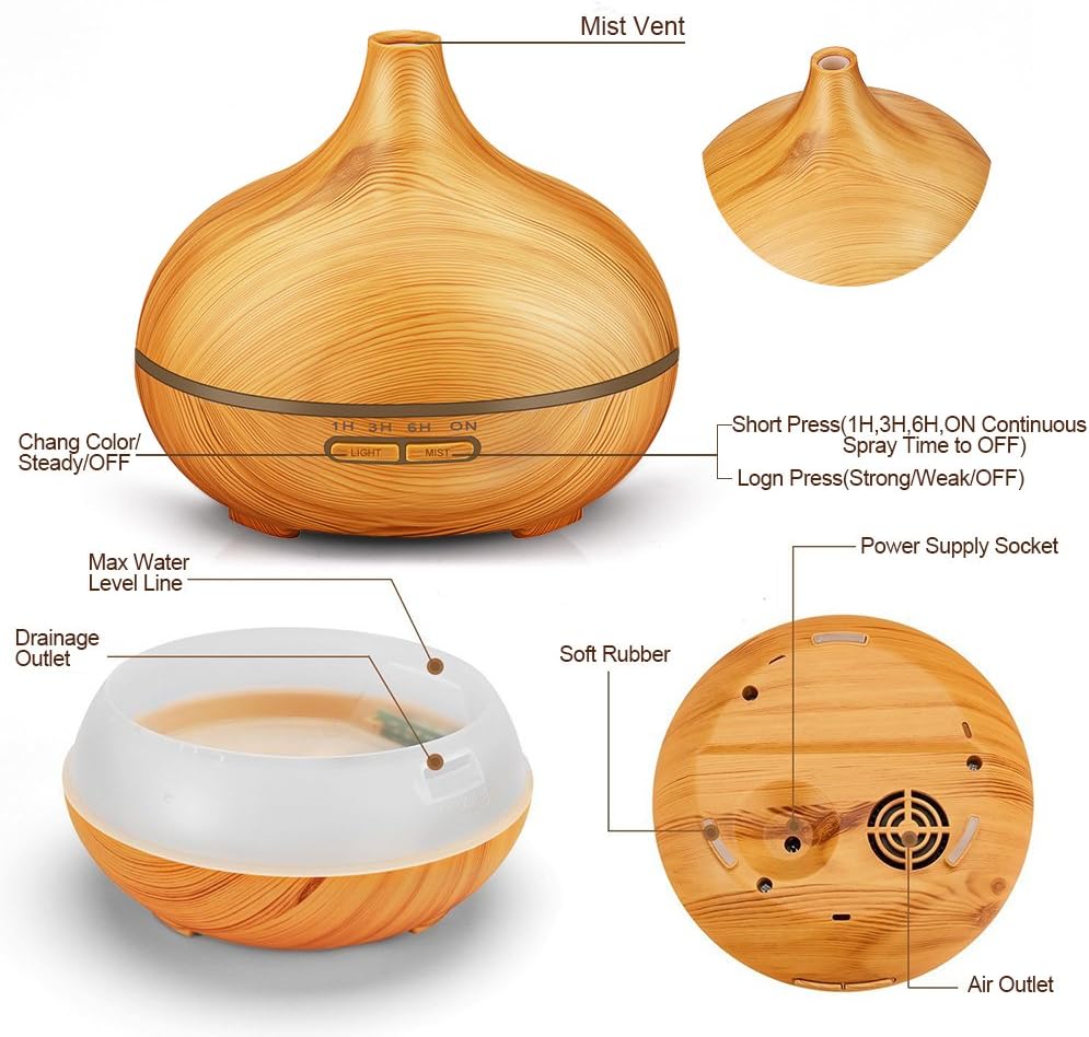 550ML Remote Control Essential Oil Diffuser, Aromatherapy Diffuser with Waterless Shut-Off,Cool Mist Humidifier with Timer for Home Office Room (Dark Wood)