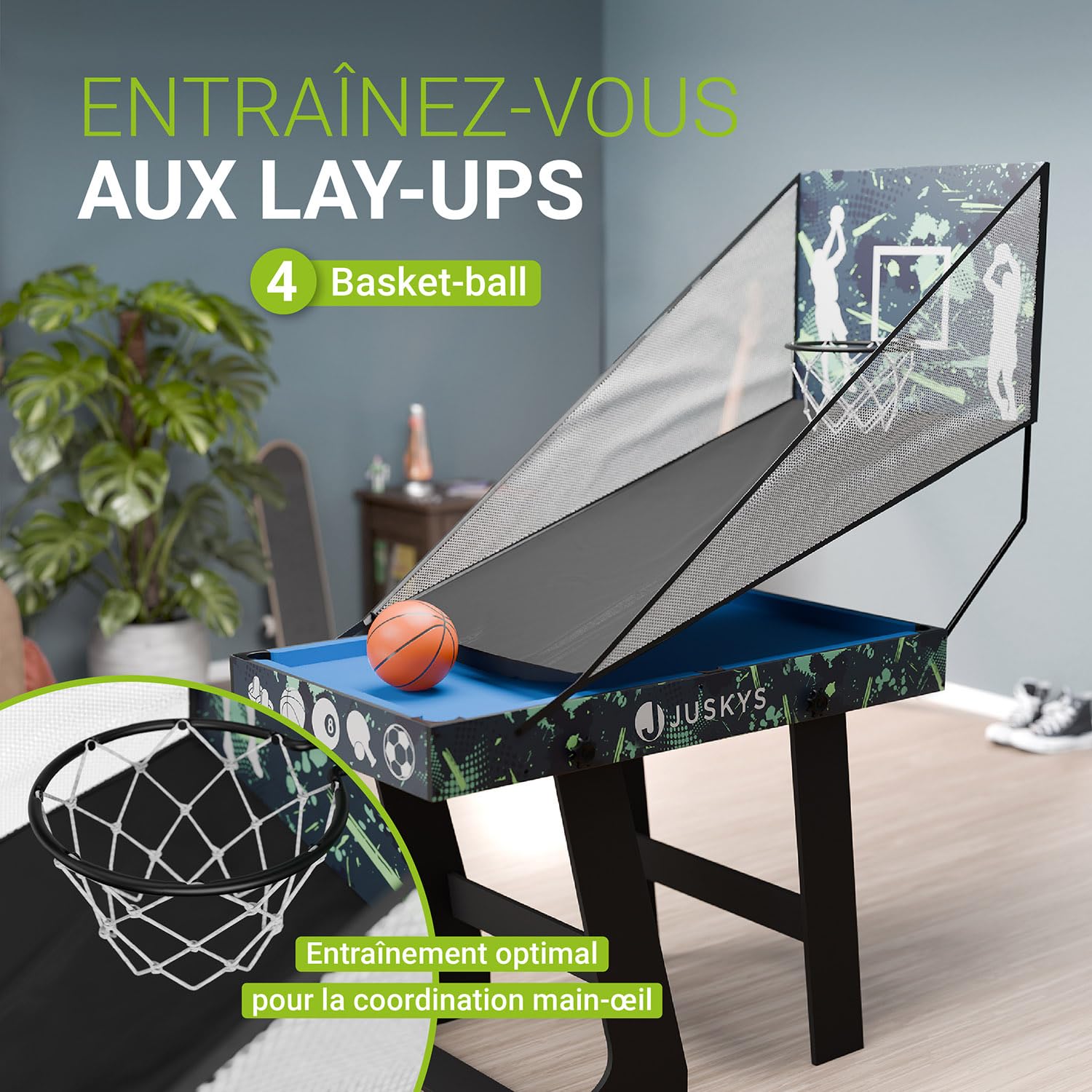 Juskys Table Multi-Jeux Ballzauber 5-en-1 - Table Pliante pour Enfants avec 5 Tables : ping-Pong, Baby-Foot, Billard, Hockey & Basket