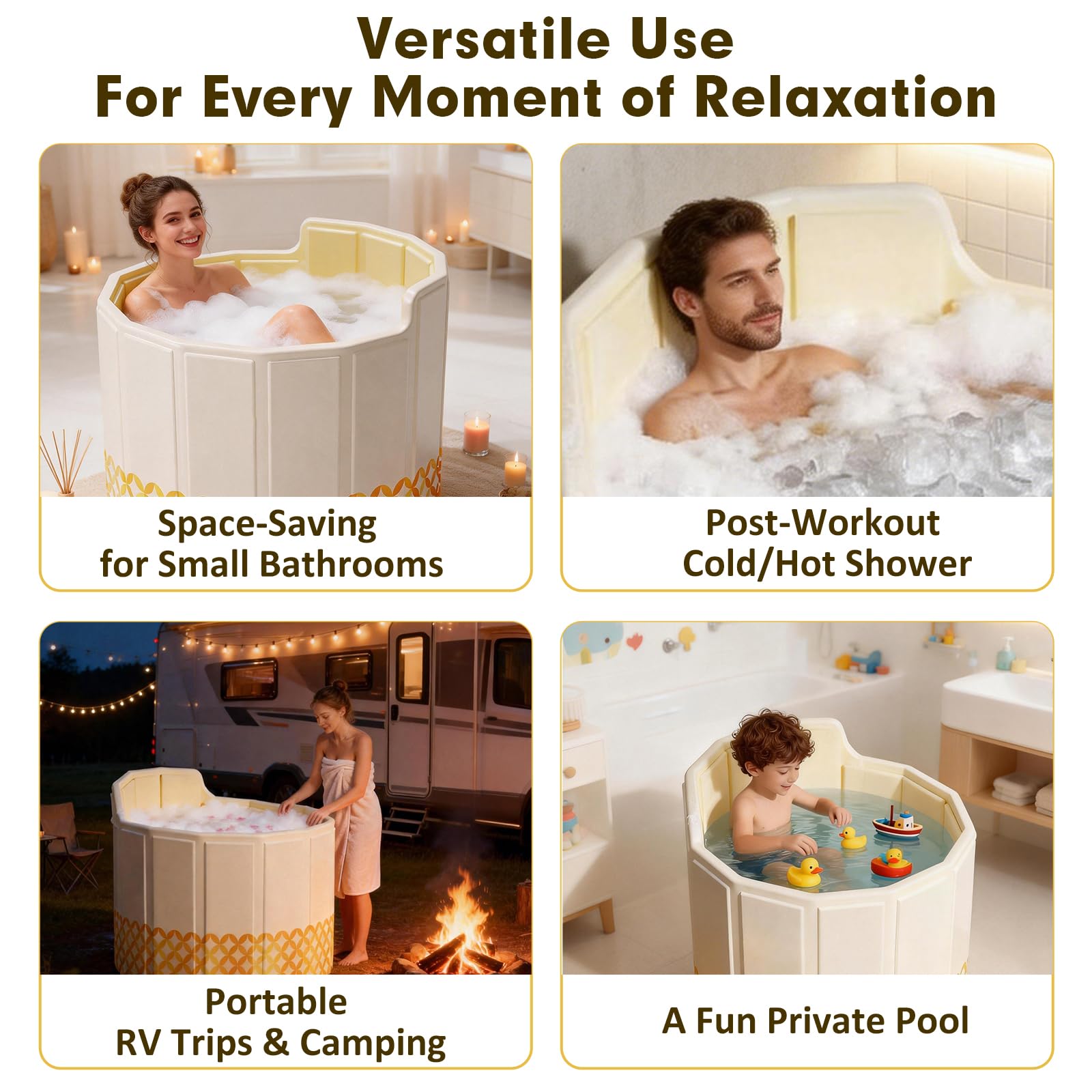 80 cm Baignoire Pliable Adulte avec Dossier, Baignoire de Douche Portable, Bain Froidet et Chaud, Aucun Assemblage Requis, pour Spa, Sauna, Inclut Coussin, Tuyau de Vidange, Set de Sacs de Bain