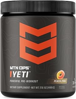 MTN OPS Yeti Pre-Workout Powder Energy Drink with Creatine, 200mg Caffeine & BCAAs with Beta Alanine, 30-Serving Tub, Peach Zing