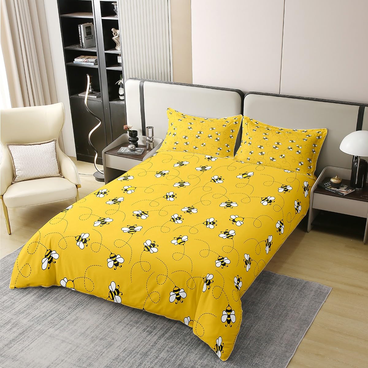Loussiesd Süße Bienen Baumwolle Bettwäsche Set 135x200cm, Biene und Blumen Bettwäsche Natur Frühling Garten Bieneative Bettbezug für Mädchen Jungen Gelb Schwarz