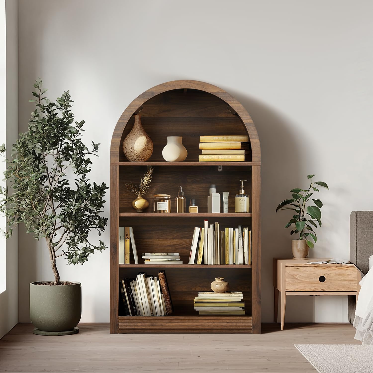 Bookcase, 4-Tier Tall Bookshelf, 47.6" Wood Open Display Floor Arched Book Shelf, Large Storage Organizer for Bedroom and Living Room Brown