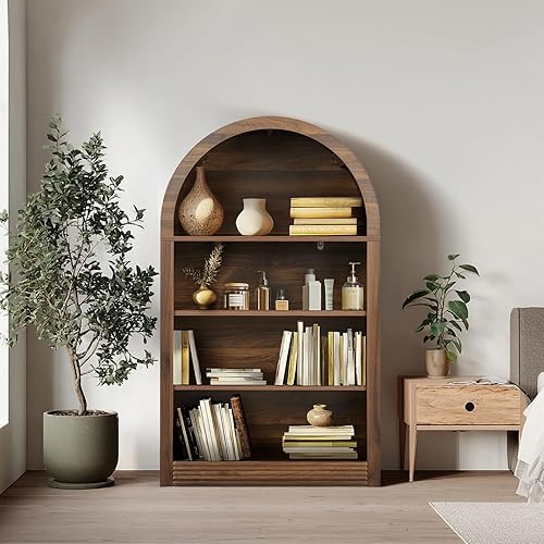 Bookcase, 4-Shelf Tall Bookshelf, 47.6" Wood Open Display Floor Arched Bookcase, Large Storage Organizer for Bedroom and Living Room (Brown)