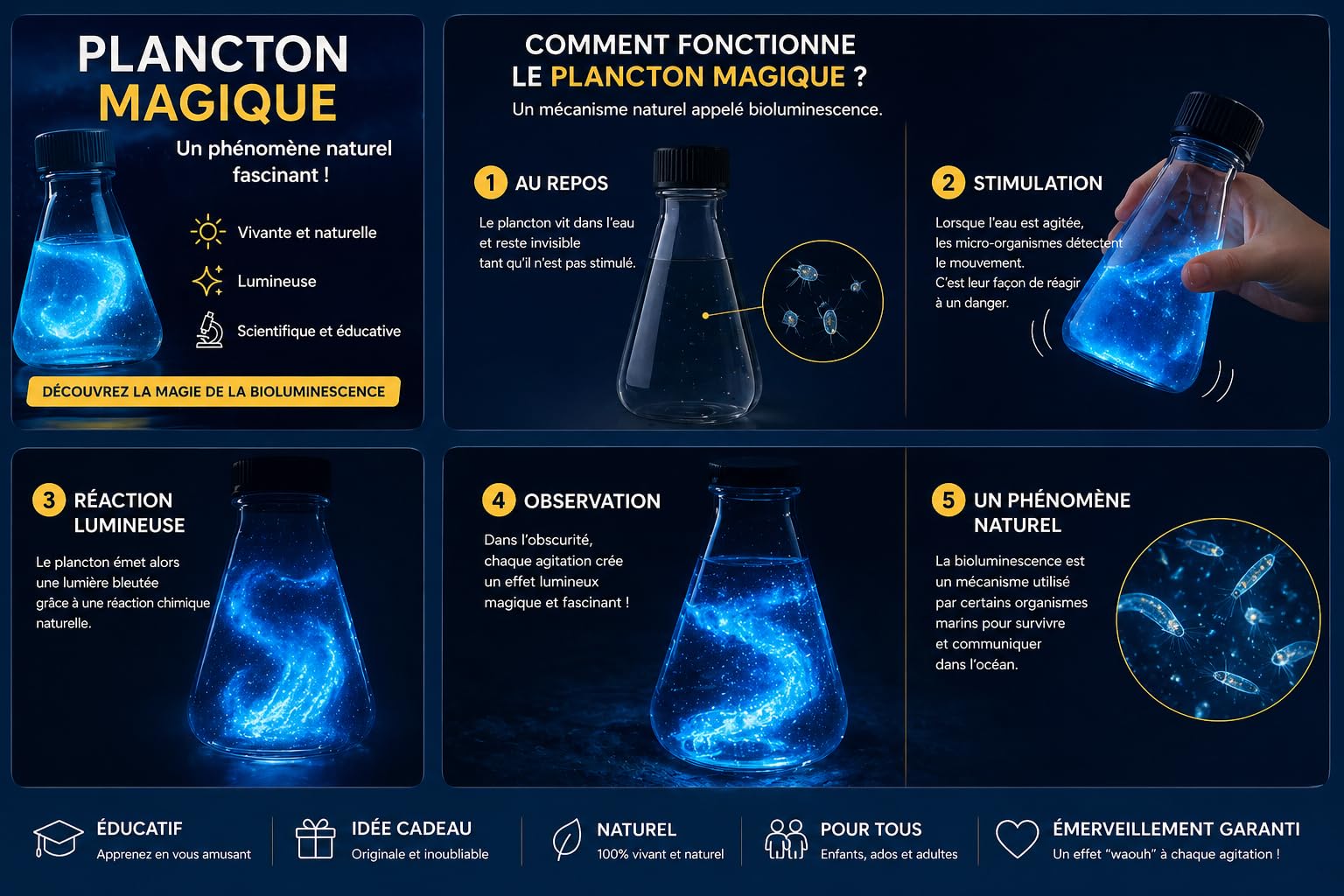 Plancton Bioluminescent Vivant – Culture Lumineuse à Observer | Kit Expérience Scientifique Enfant | Activité Éducative Maison | Cadeau Original