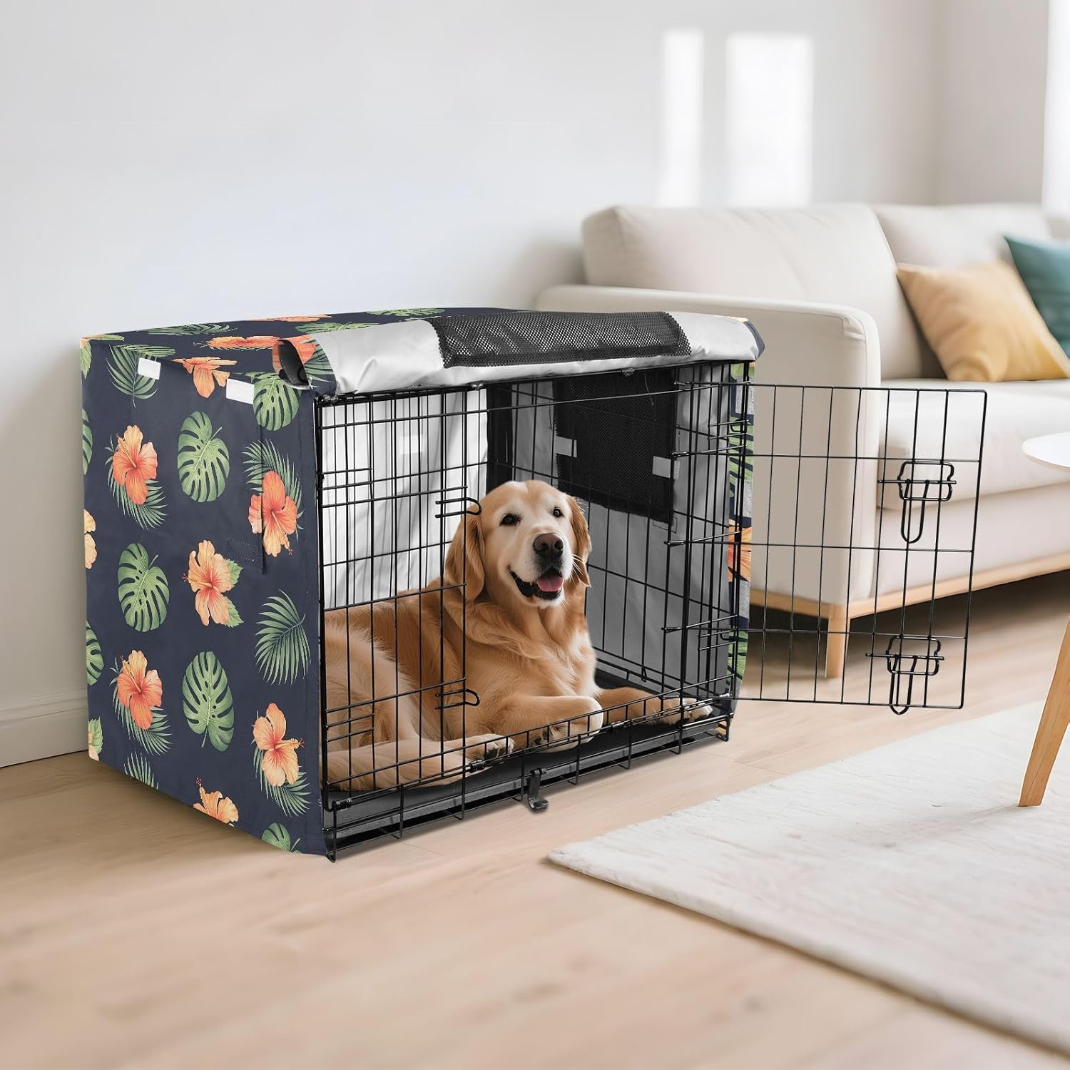 Tropical Hibiscus Flowers Dog Crate Cover 600D Oxford Pet Kennel Cover with Mesh Window for Dog Cages, Windproof Waterproof Machine Washable, 42"x28"x30"