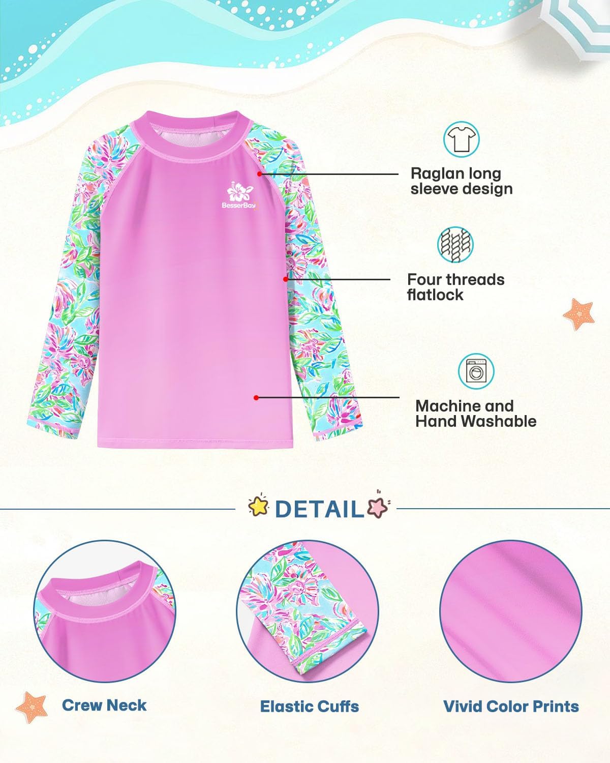 BesserBay Girls Rash Guard UPF 50+ Raglan Sleeve Quick Dry Swim Shirt 4-12 Years