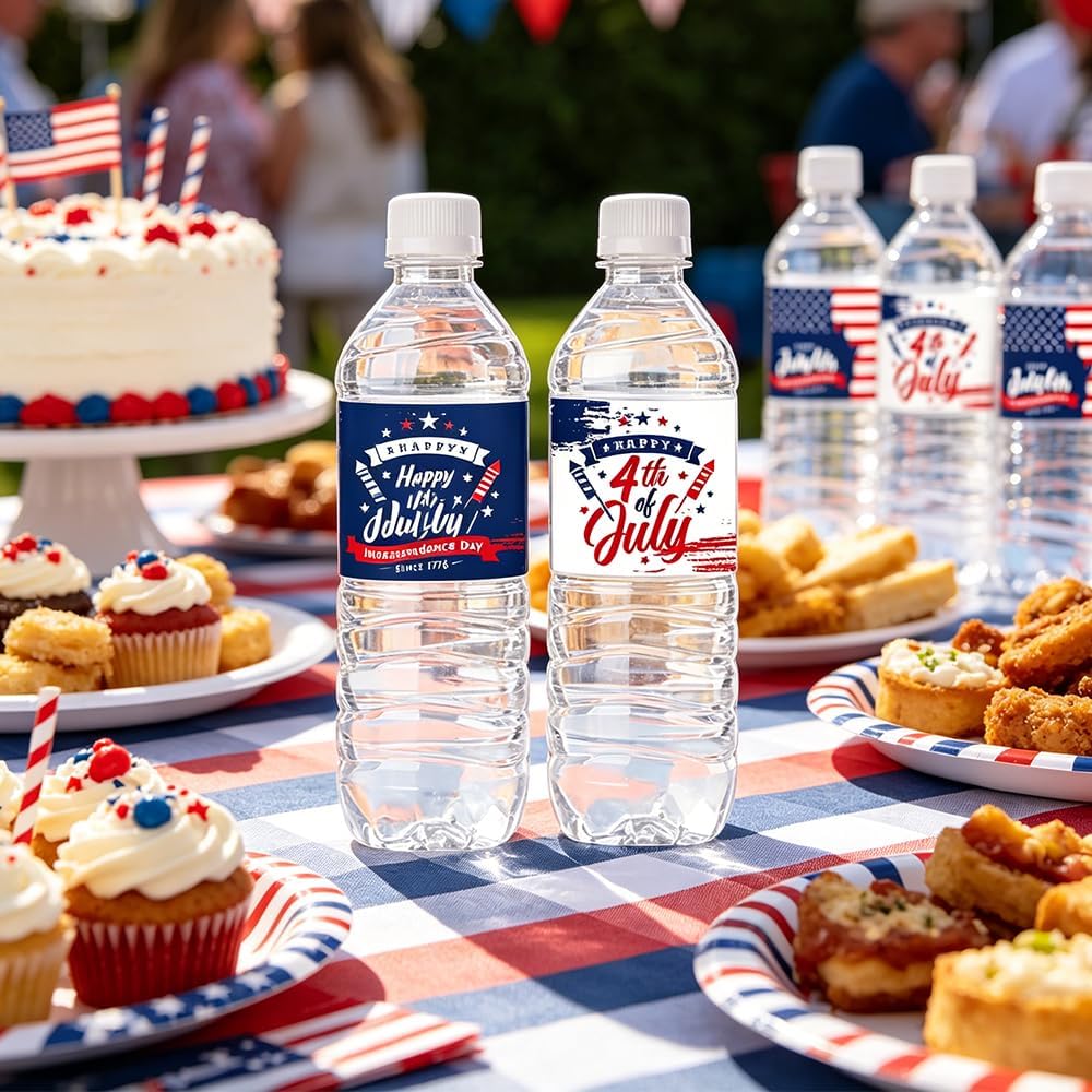 48pcs 4th of July Water Bottle Labels Patriotic Self-Adhesive American Flag Water Bottle Stickers for Independence Day Kitchen Dining Table Party Decoration Supplies
