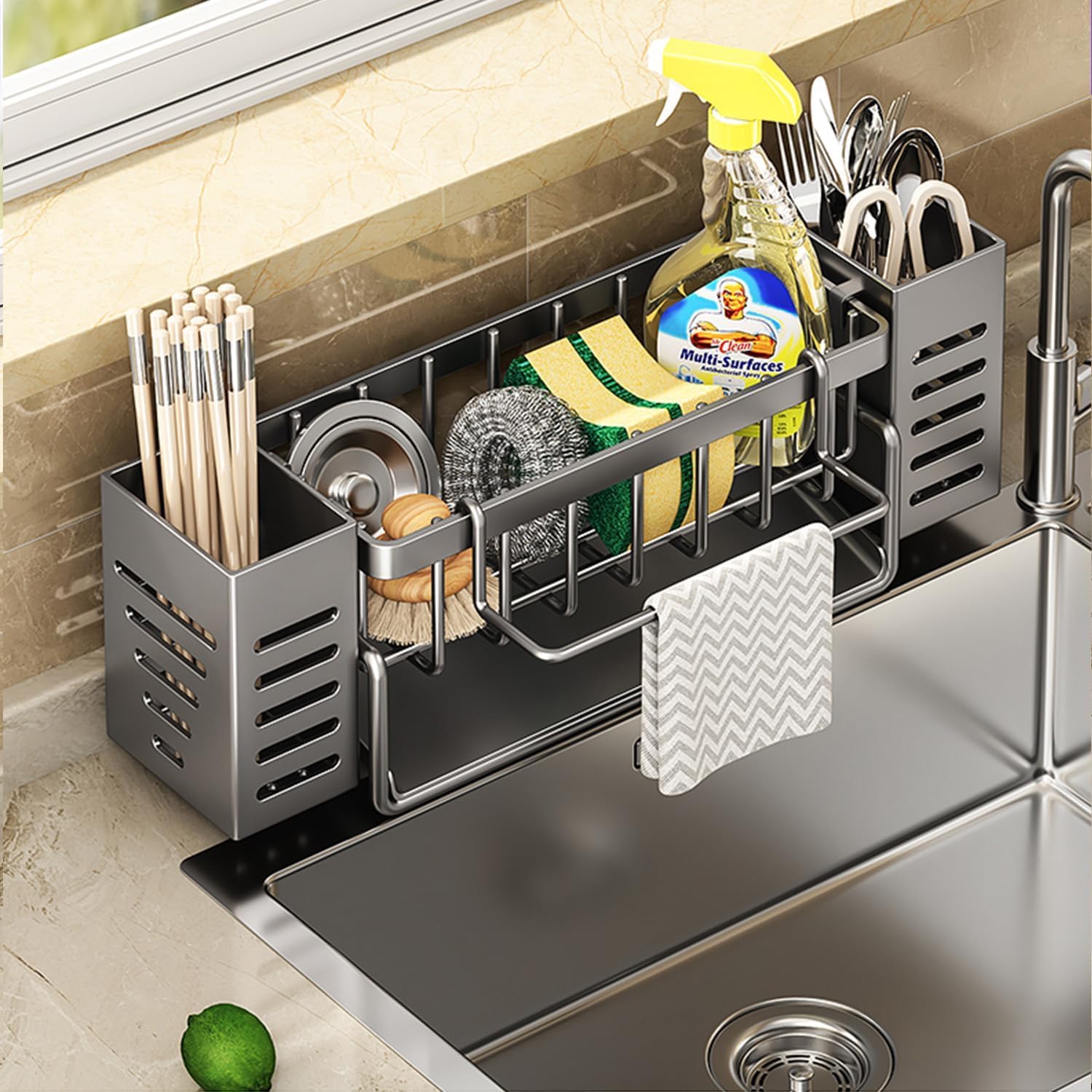Kitchen Caddy Sink Caddy - Kitchen Storage and Storage Versatile Kitchen Sink Organizer & Sink Sponge Holder Removable Rag Rack for Kitchen Storage (Grey, Big)