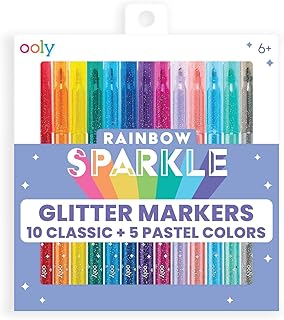 Rainbow Sparkle Glitter Markers Set of 15, Includes 5 Pastel & 10 Classic Color Markers, Glittery & Sparkling Marker for Kids, 2mm Nib for Medium Sized Lines - GLITTER VARIETY PACK
