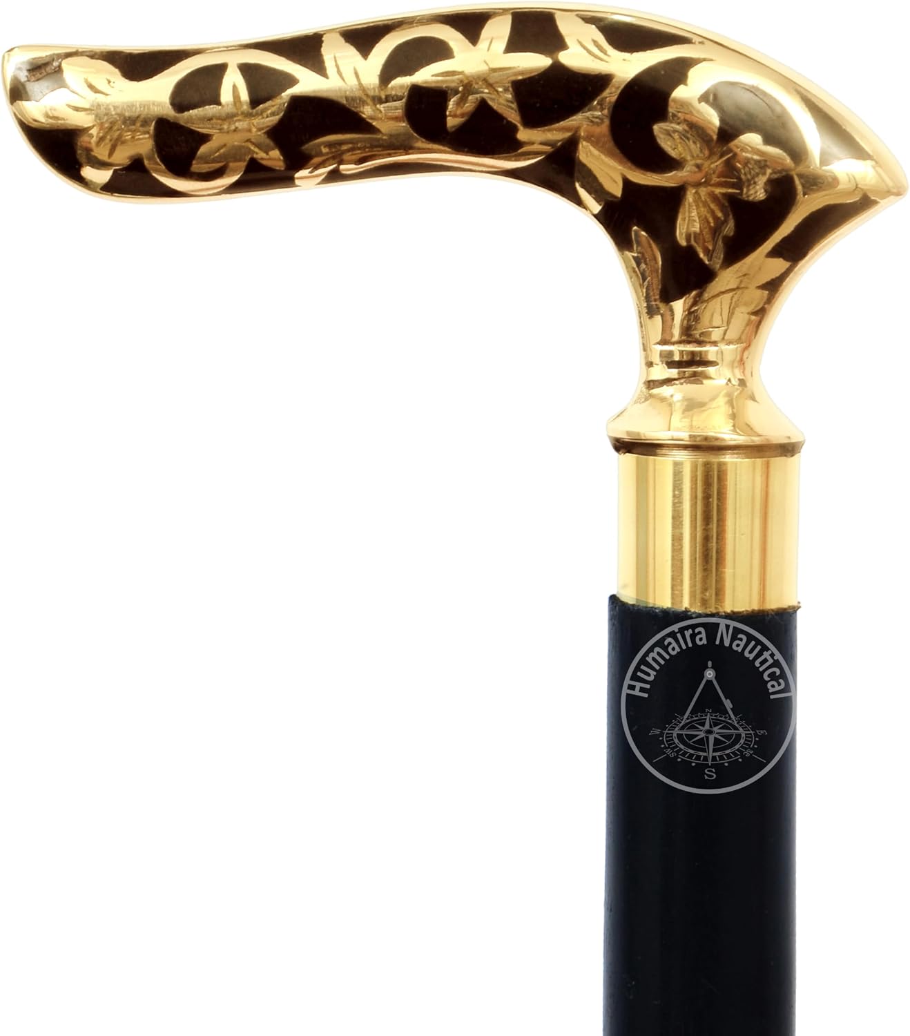 Humaira Nautical Victorian Brass Walking Stick Cane Brass Handle with Black Wooden Cane (3 Fold Wooden Walking Cane),36 Inch