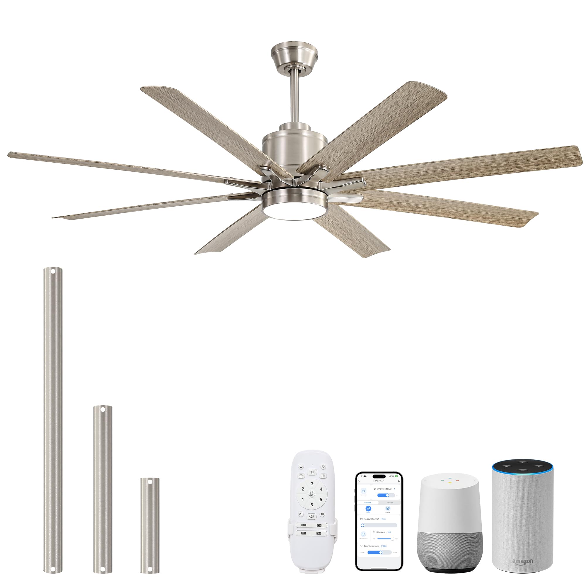 Ceiling Fans with Lights and Remote, 66" Smart Ceiling Fan, 3 Colors 3000K-6500K, 6 Wind Speeds Reversible Ceiling Fan, Dimmable Large Ceiling Fan for Bedroom Livingroom Patios Office