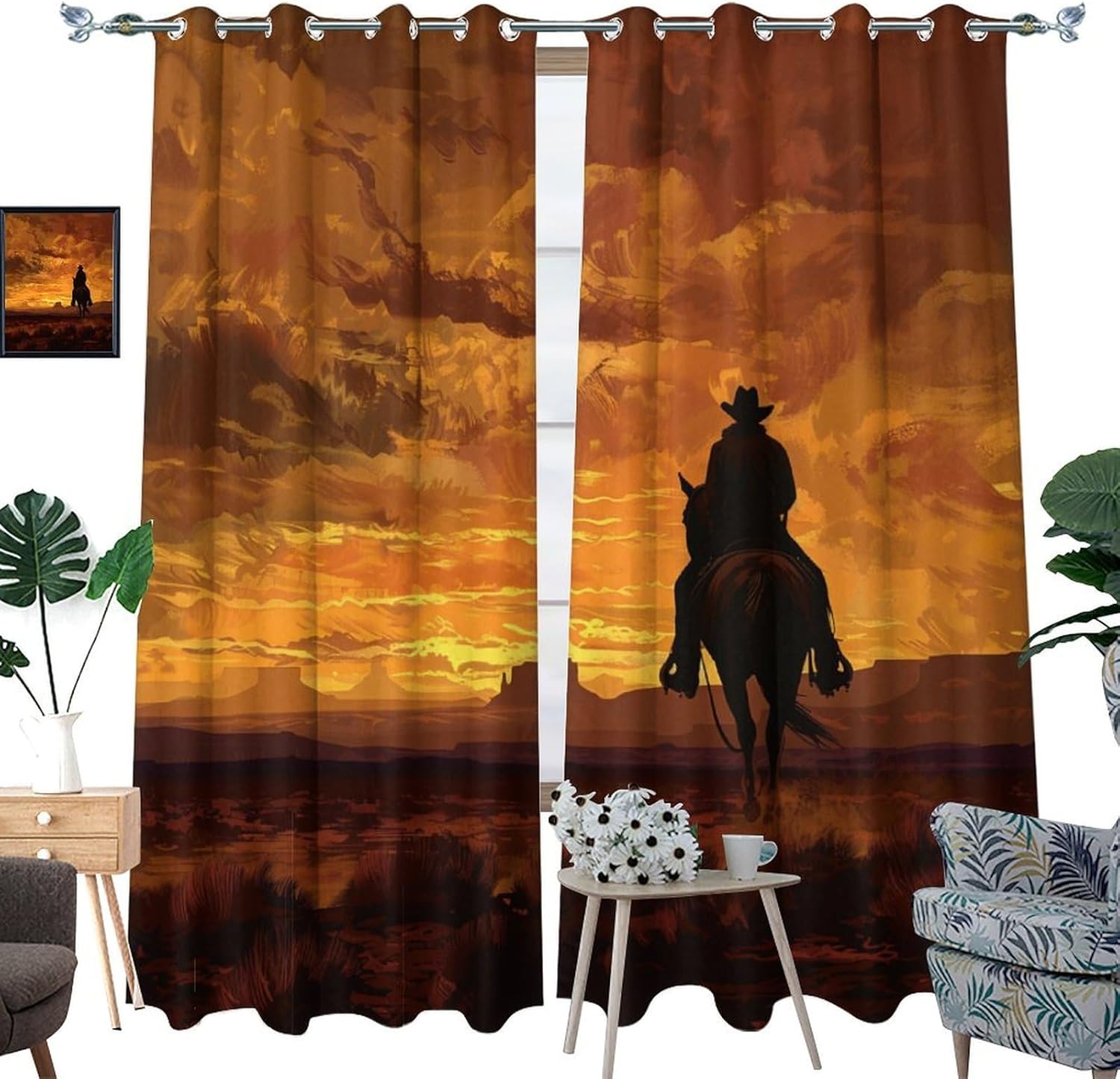 Western Cowboy Nature Blackout Curtains for Bedroom/Living Room, Retro Desert Horse Sky Grommet Curtains Thermal Insulated Window Drapes, 2 Panels, Each 21W x 45L