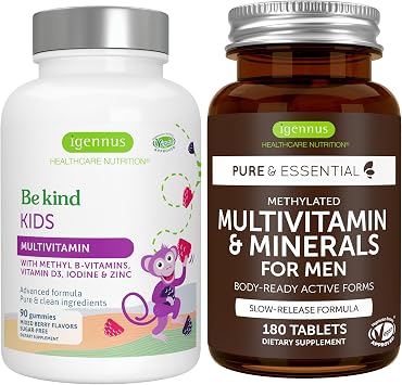 Methylated Kids Multivitamin Gummy + Methylated Mens Multivitamin Bundle, MTHFR Supplements with Active B-Vitamins, Clean Label, by Igennus