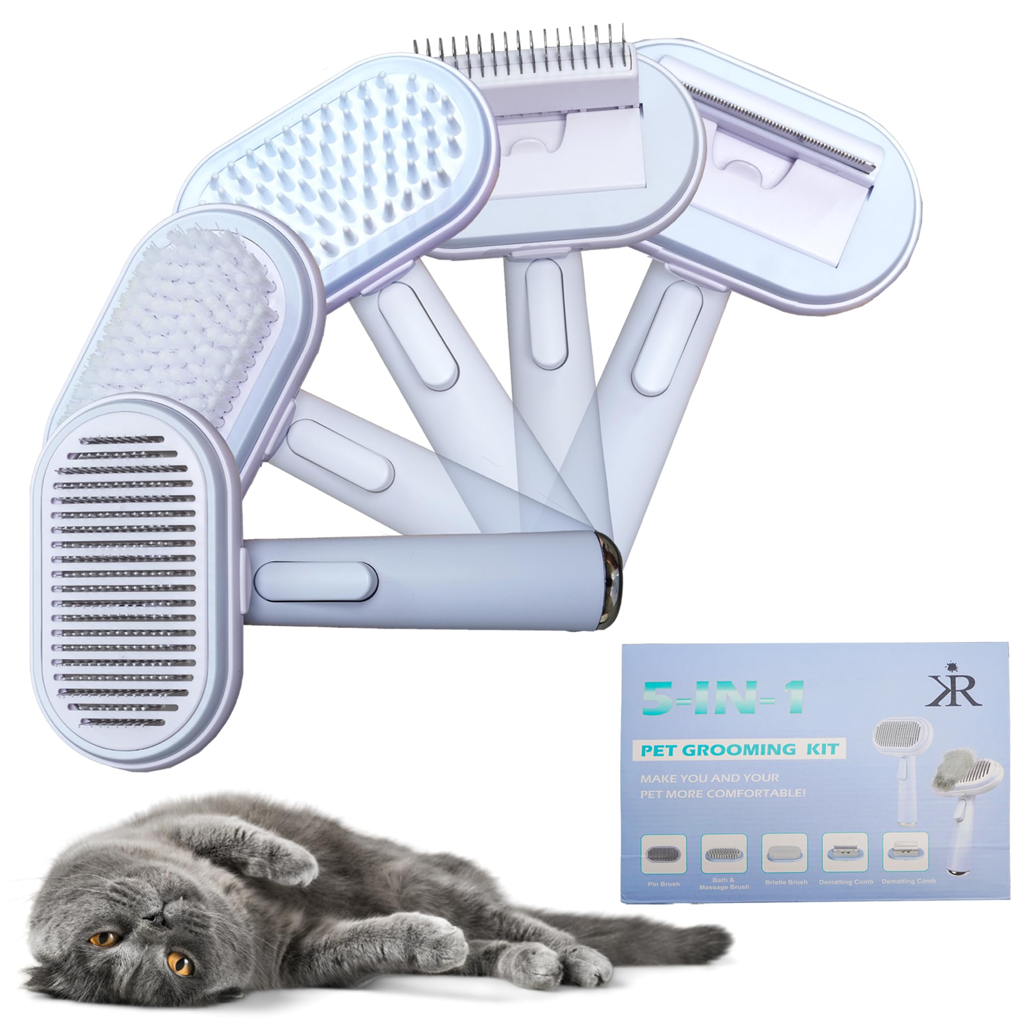 Pet Grooming Brush with Release Button, 5-in-1 Comb for Dogs & Cats, Hair Remover and Massaging Tool for Long or Short Hair