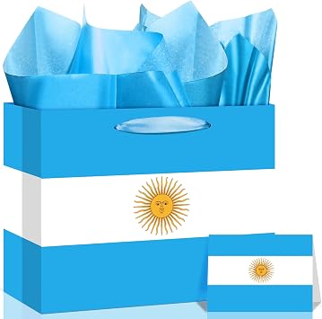 Argentina Flag Gift Bag with Card & Wrapping Paper,Argentinian Theme Party Decorations Gift Bag for Argentine National Day of Argentina,AR Independence Day,Fiesta Carnival,Birthday Souvenirs Goodie Treat Bag