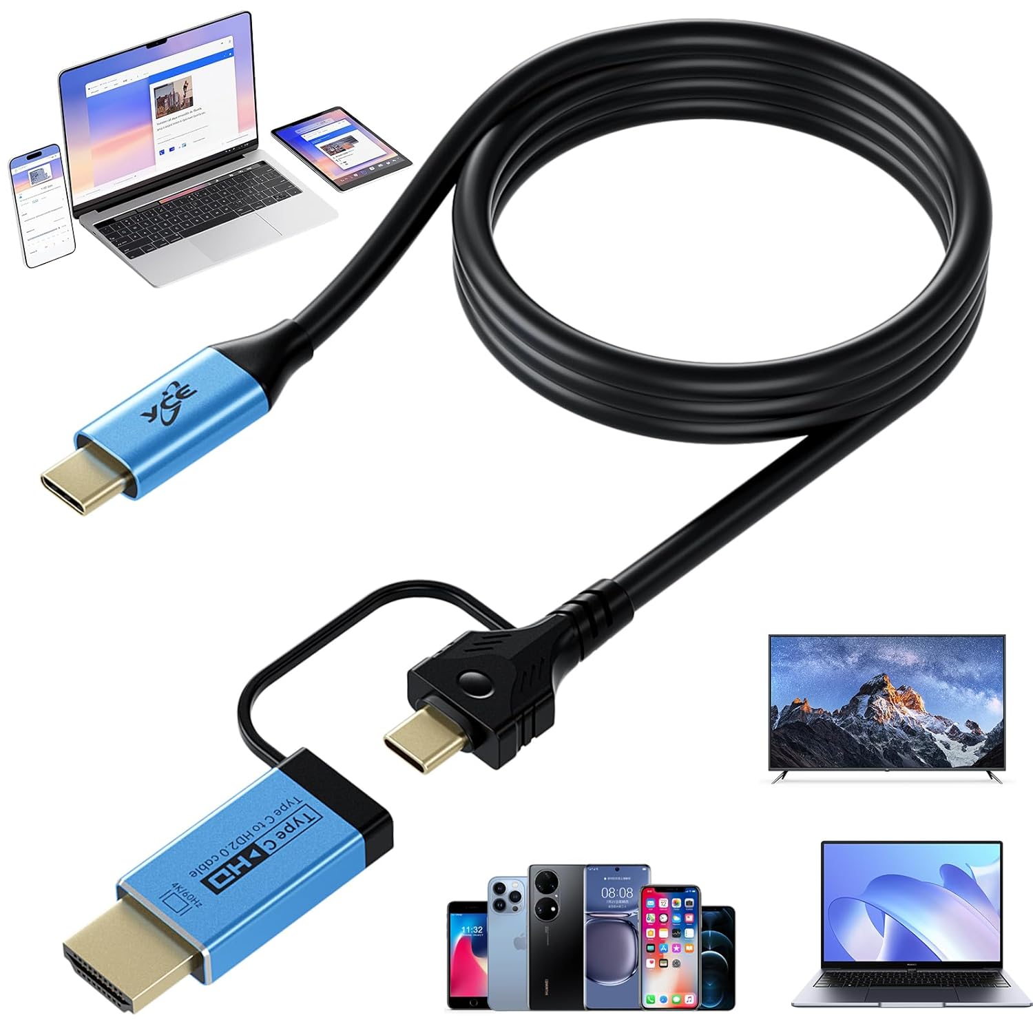 USB C to HDMI Adapter Cable,USB C to USB C3.2 Gen 2 Cable 4K60Hz with 240W Power Delivery10Gbps Data Type-C to HDMI Adapter for Thunderbolt 3/4, MacBook, iPad Pro, iPhone 17/16/15 Pro | Plug and Play