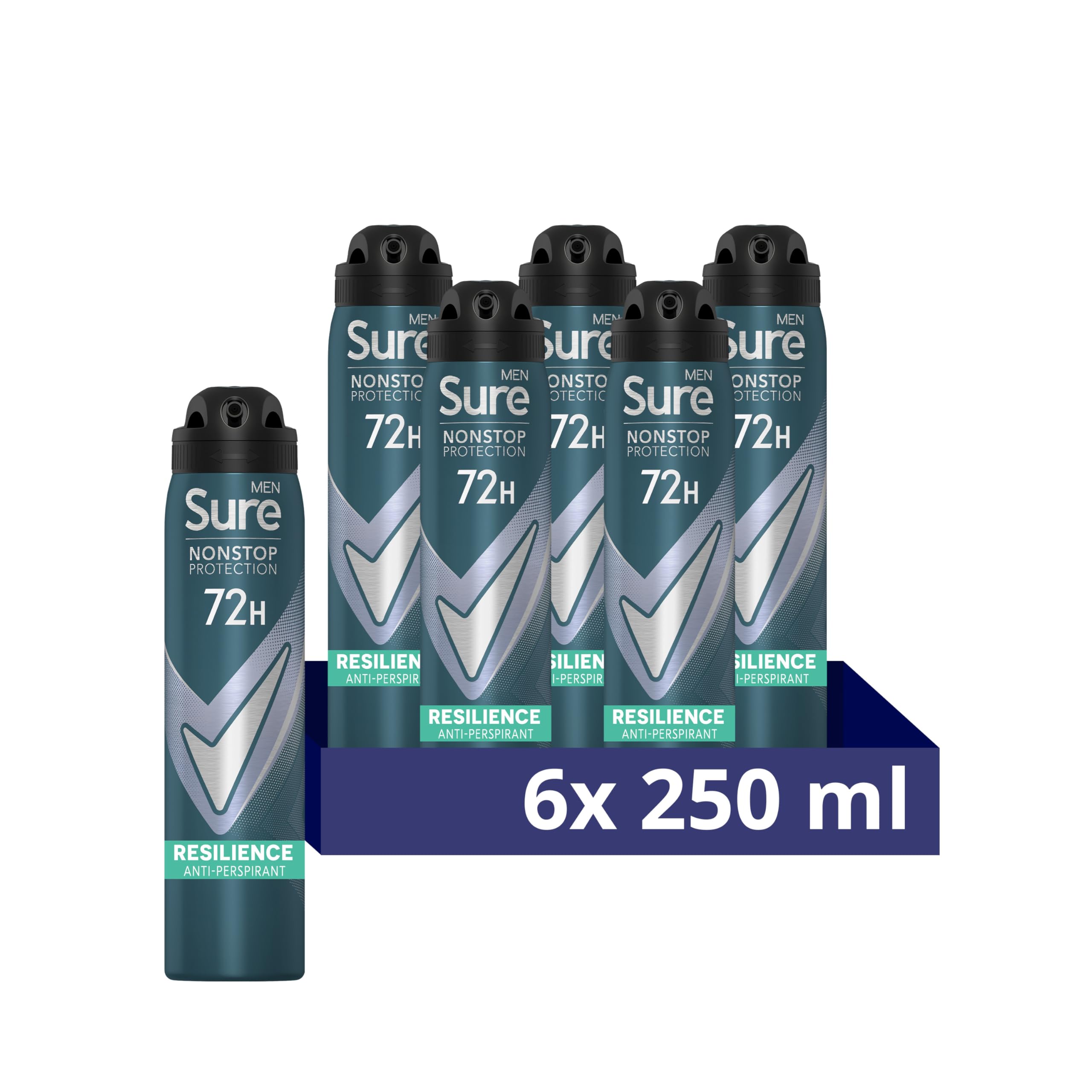 Sure Men Nonstop Protection Resilience Deodorant Body Spray Antiperspirant with body heat activated technology for 72 hour protection against odour and sweat 250 ml, Pack of 6